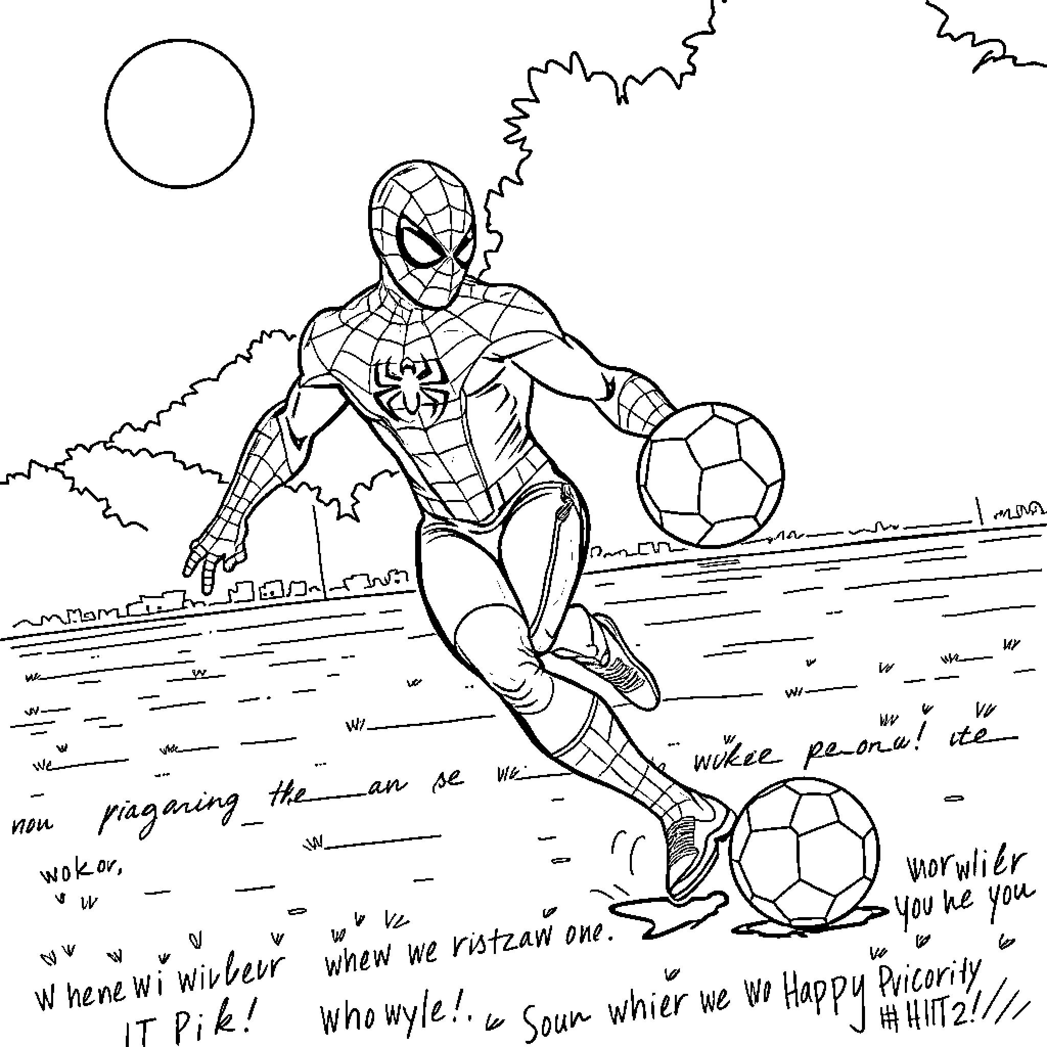Spiderman playing soccer on the field Coloring Page (free black-and-white line drawing printable PDF for all, from beginners to advanced learners, including children, teens, adults, and seniors)