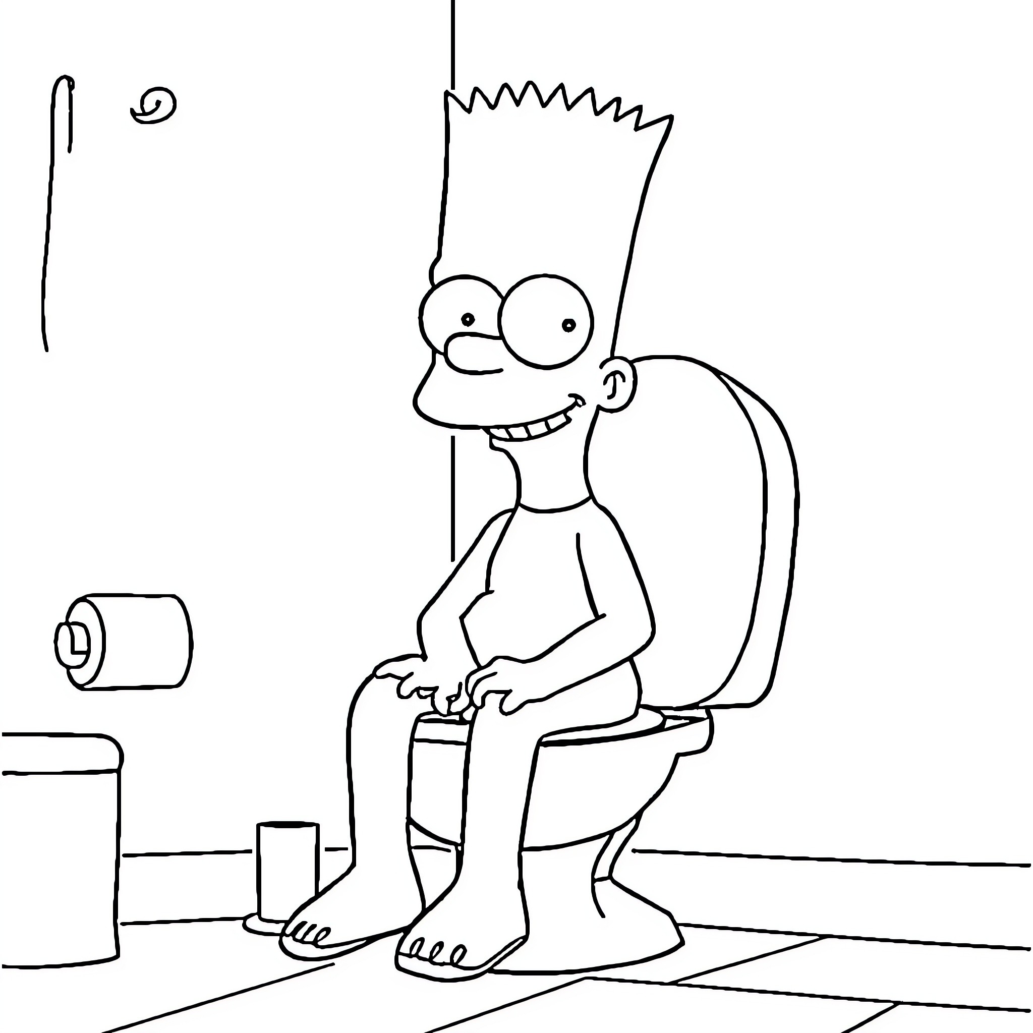 Bart Simpson relaxing on the toilet Coloring Page (free black-and-white line drawing printable PDF for all, from beginners to advanced learners, including children, teens, adults, and seniors)