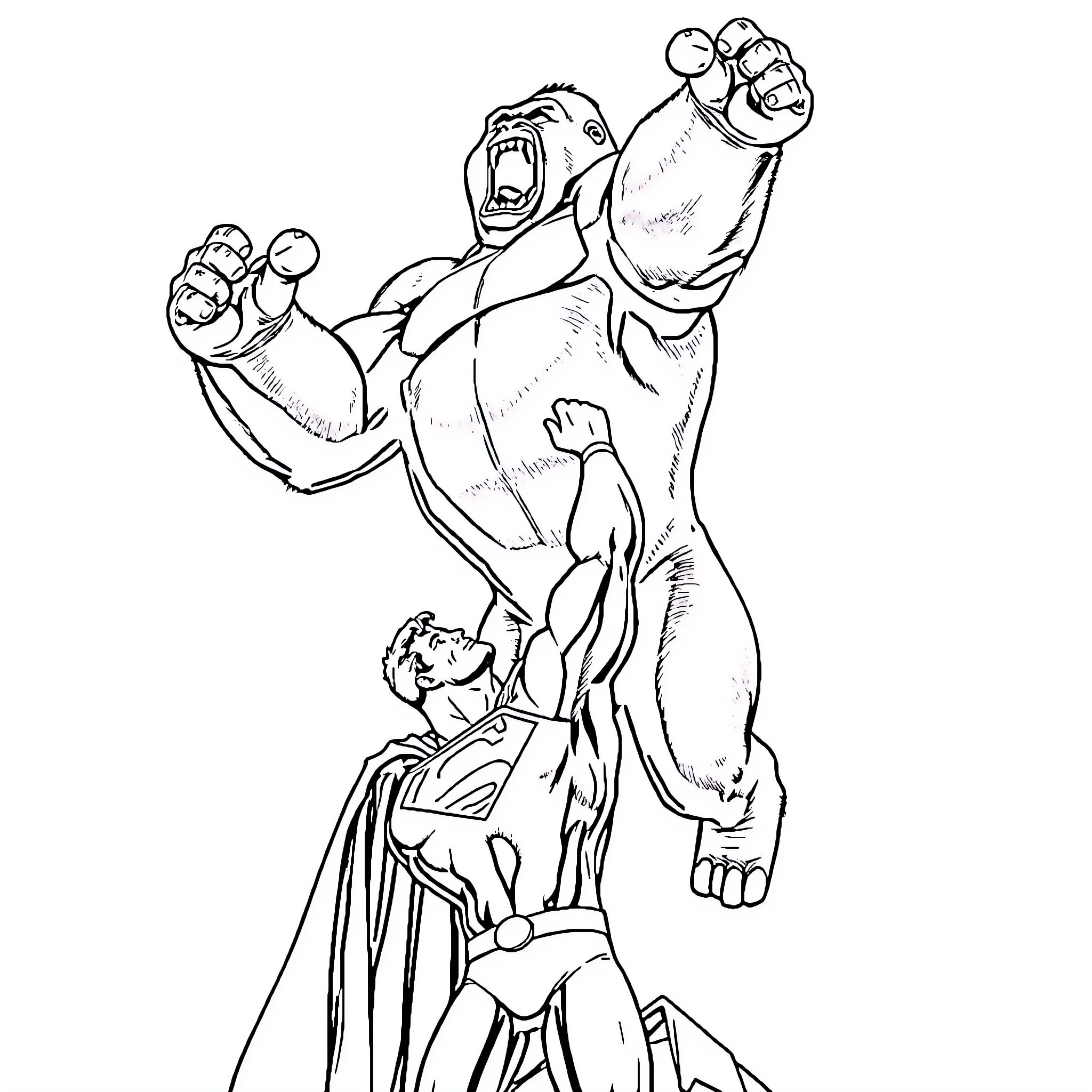 Superman heroically confronting a formidable foe Coloring Page (free black-and-white line drawing printable PDF for all, from beginners to advanced learners, including children, teens, adults, and seniors)