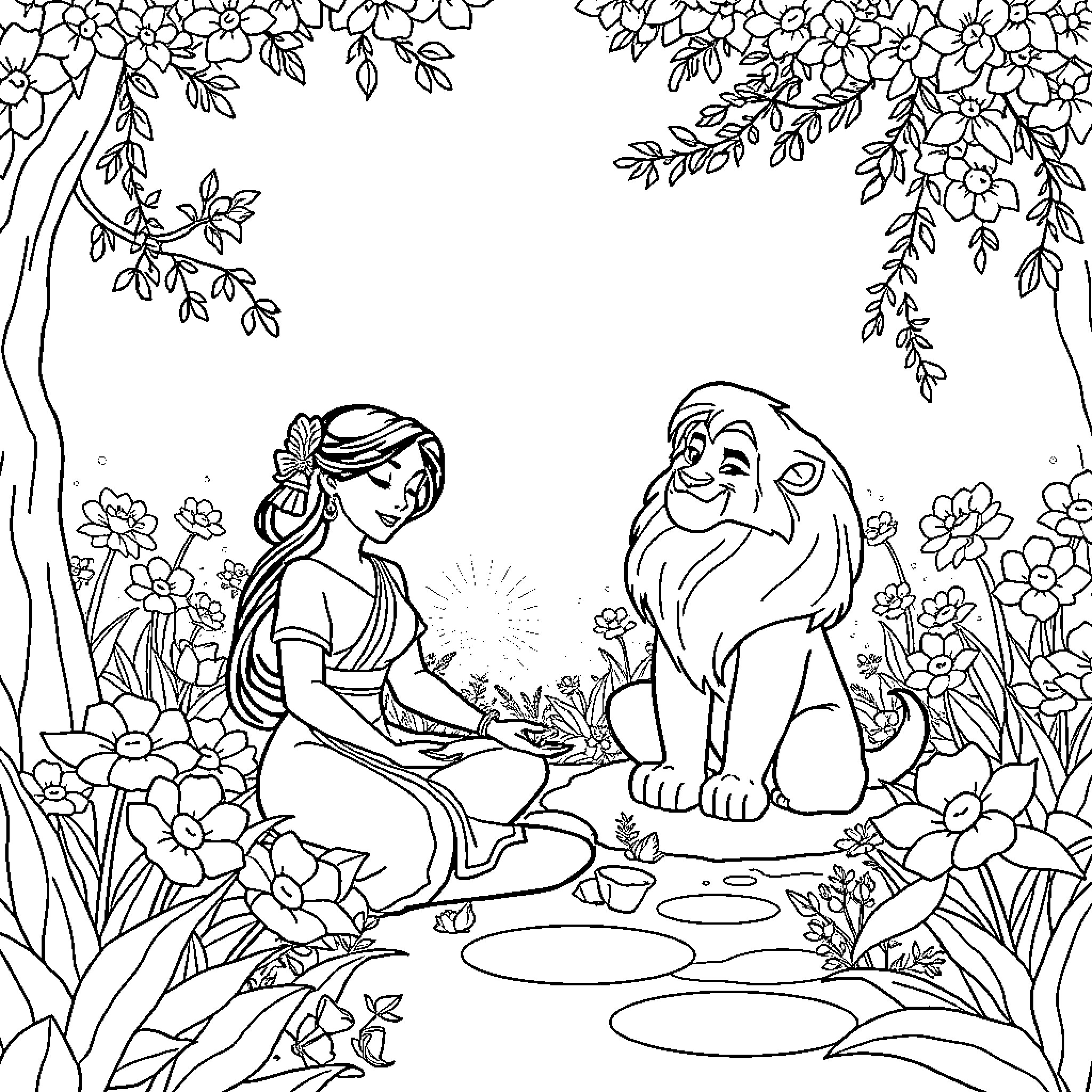 Disney Characters in Magical Forest Scene Coloring Page (free black-and-white line drawing printable PDF for all, from beginners to advanced learners, including children, teens, adults, and seniors)