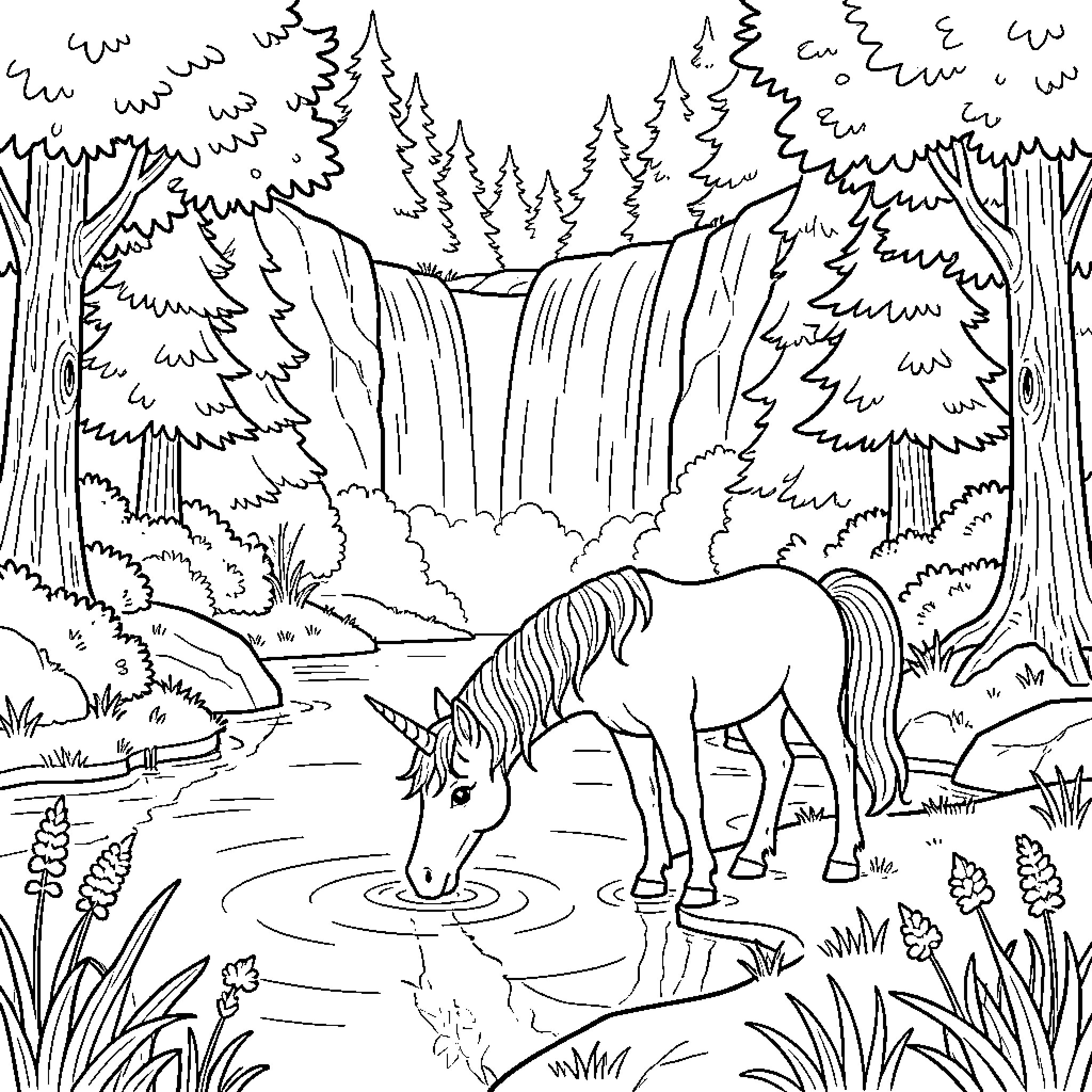 Licorne drinking water from a stream in the forest Coloring Page (free black-and-white line drawing printable PDF for all, from beginners to advanced learners, including children, teens, adults, and seniors)