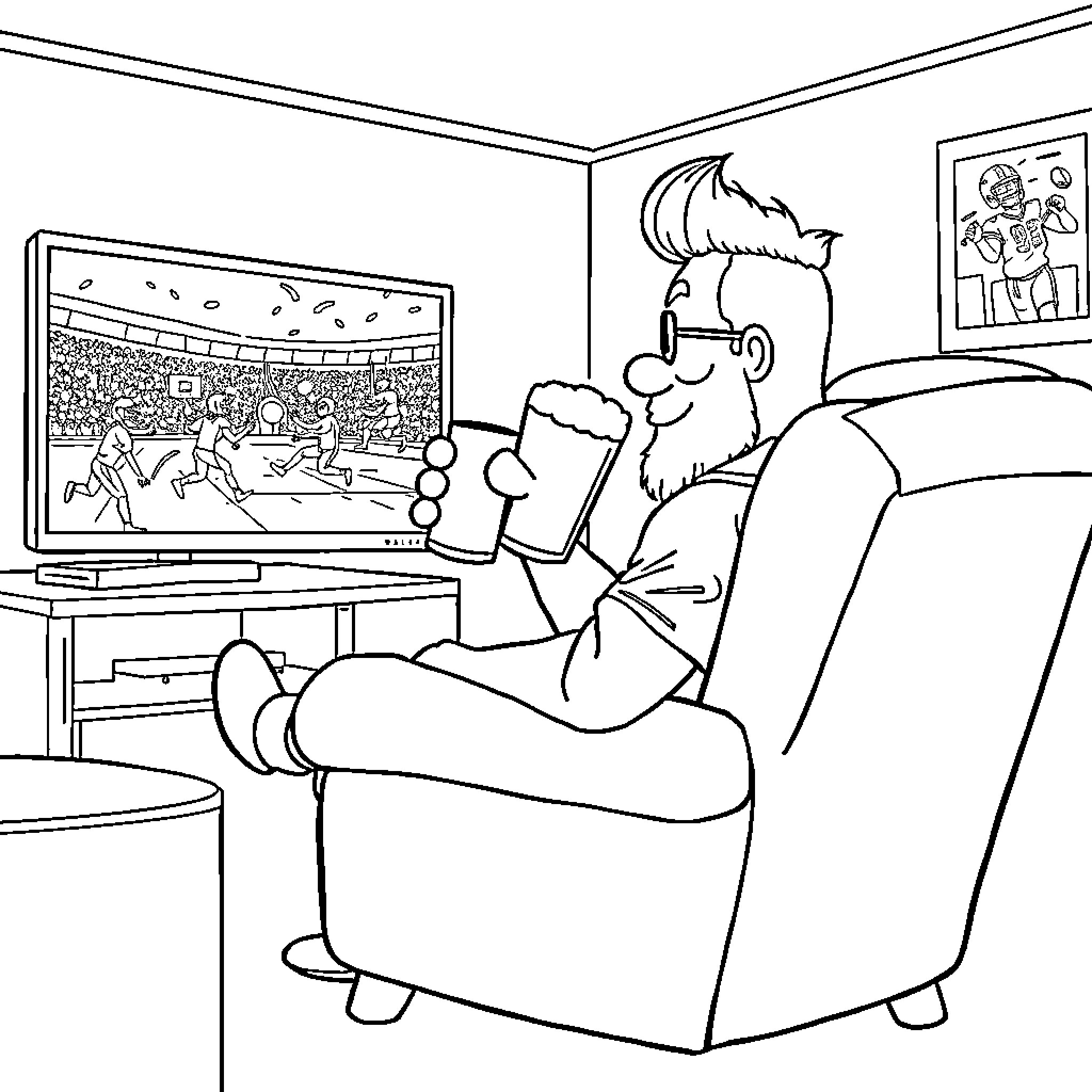 Mase Windo Man watching sporting event on television Coloring Page (free black-and-white line drawing printable PDF for all, from beginners to advanced learners, including children, teens, adults, and seniors)