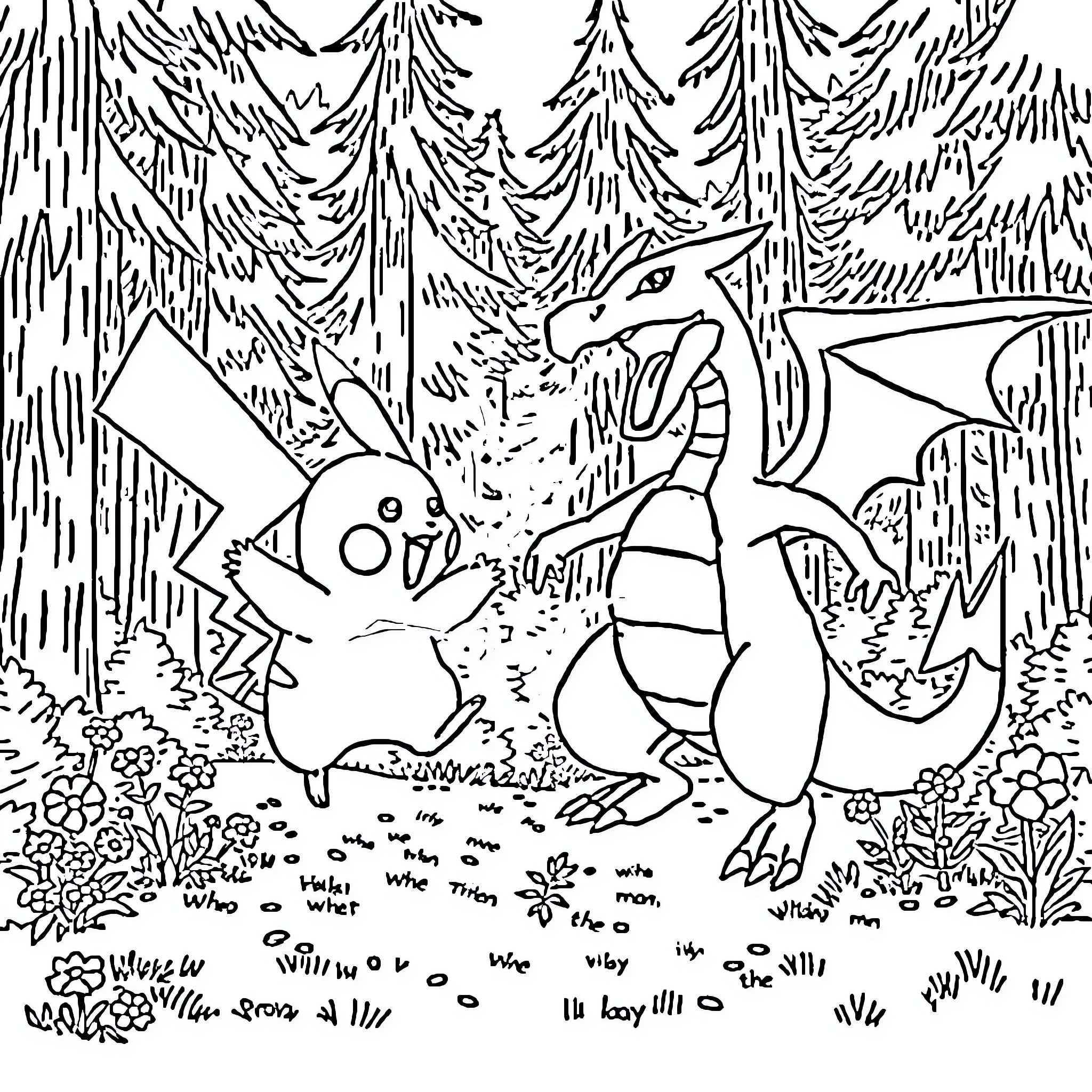 Pikachu and Charizard playing in the forest Coloring Page (free black-and-white line drawing printable PDF for all, from beginners to advanced learners, including children, teens, adults, and seniors)