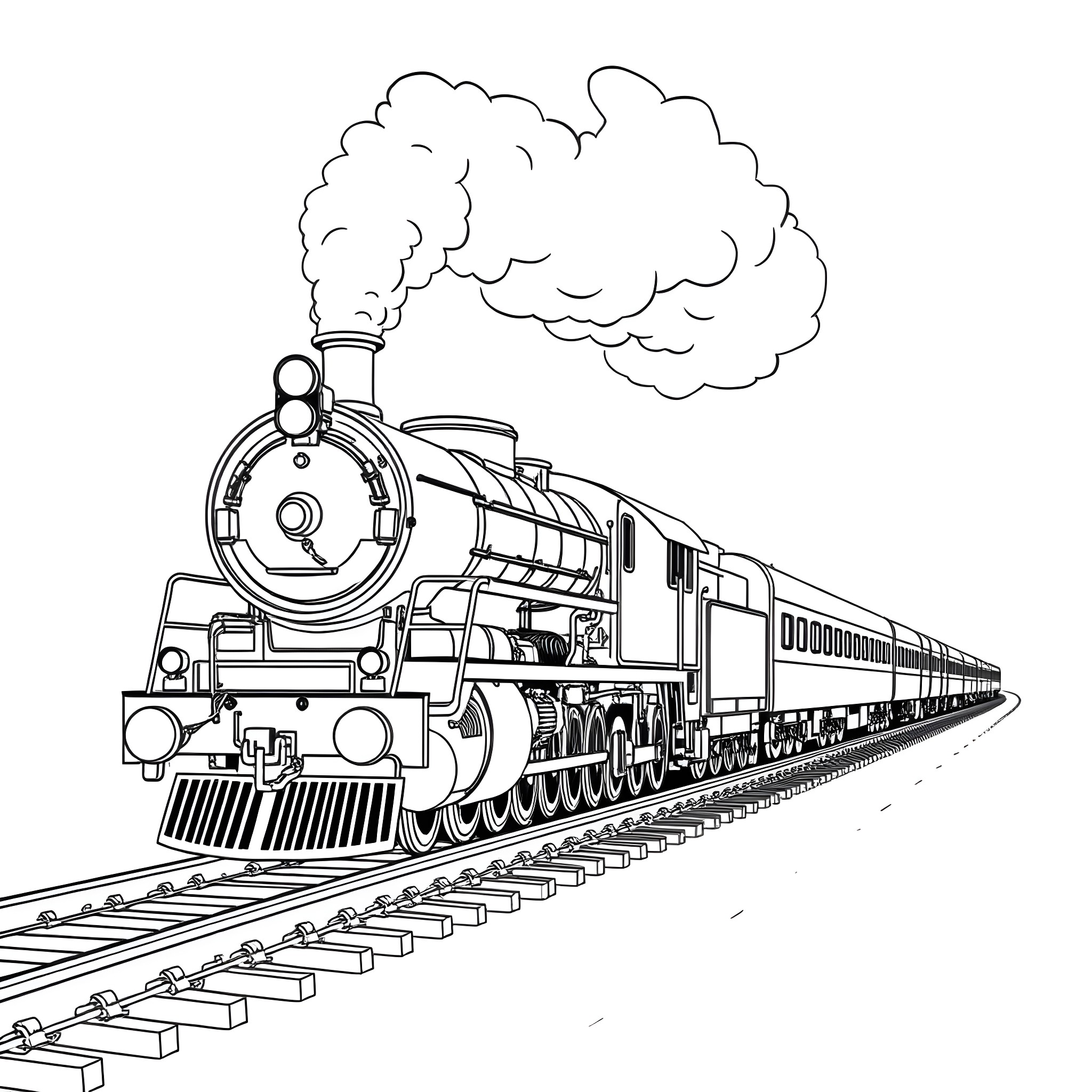 Steam Train Traveling Swiftly on Rails Coloring Page (free black-and-white line drawing printable PDF for all, from beginners to advanced learners, including children, teens, adults, and seniors)
