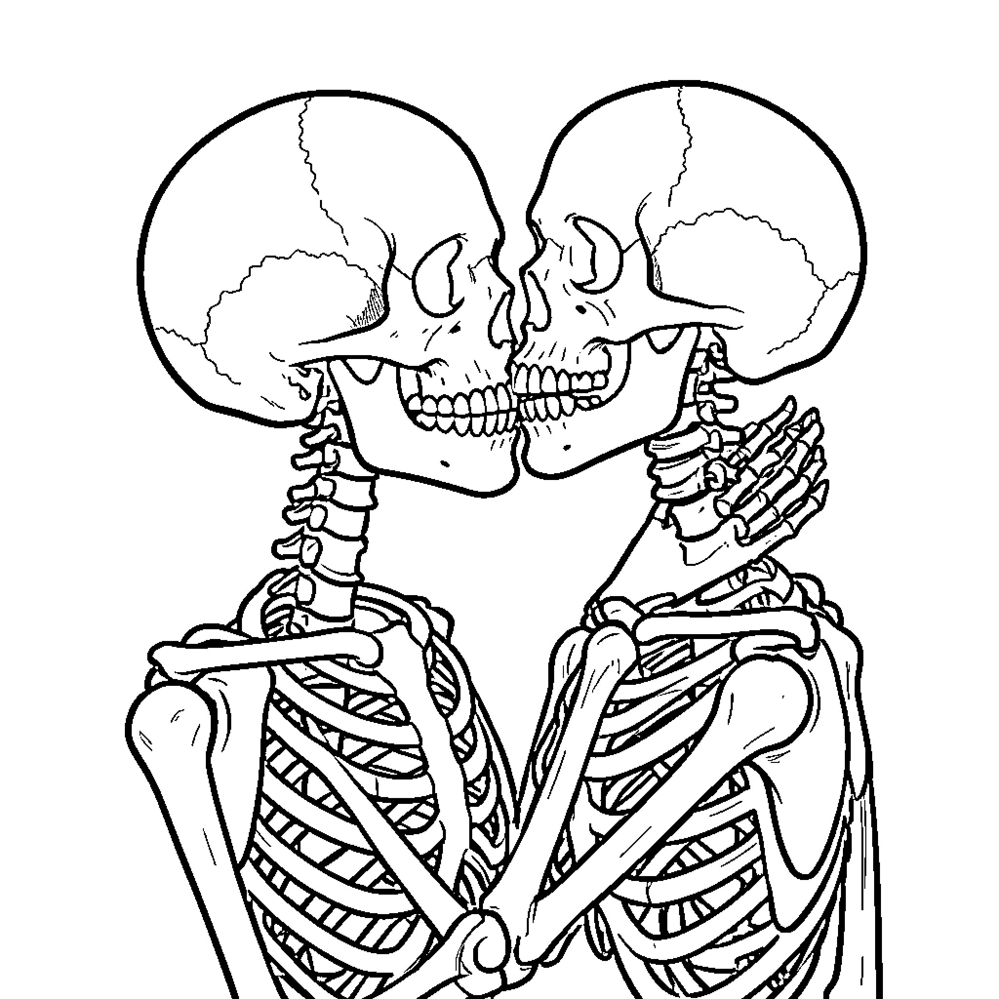 Skeleton couple sharing a romantic kiss Coloring Page (free black-and-white line drawing printable PDF for all, from beginners to advanced learners, including children, teens, adults, and seniors)