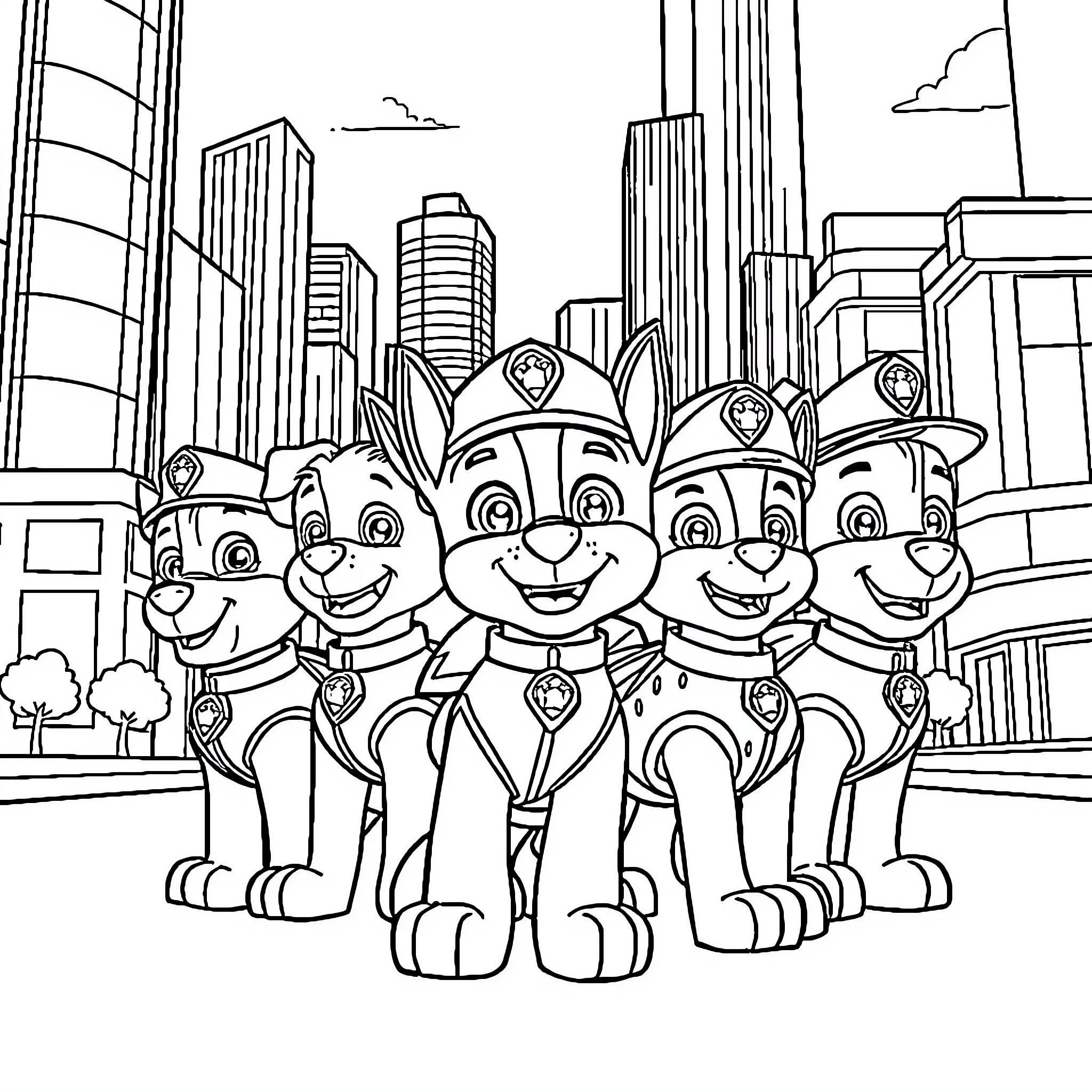 Paw Patrol team exploring the city Coloring Page (free black-and-white line drawing printable PDF for all, from beginners to advanced learners, including children, teens, adults, and seniors)