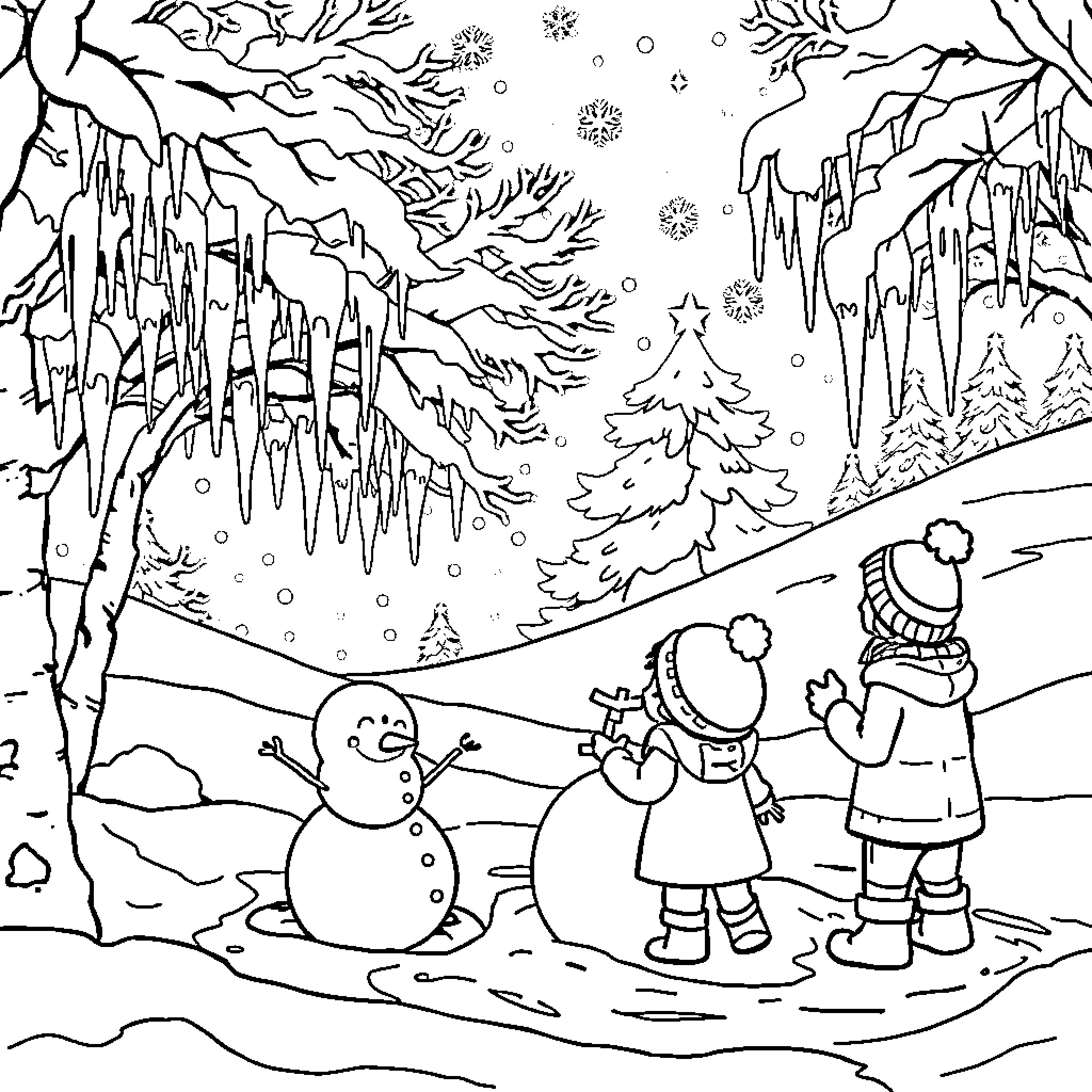 Winter Wonderland: Children Playing in the Snow Coloring Page (free black-and-white line drawing printable PDF for all, from beginners to advanced learners, including children, teens, adults, and seniors)