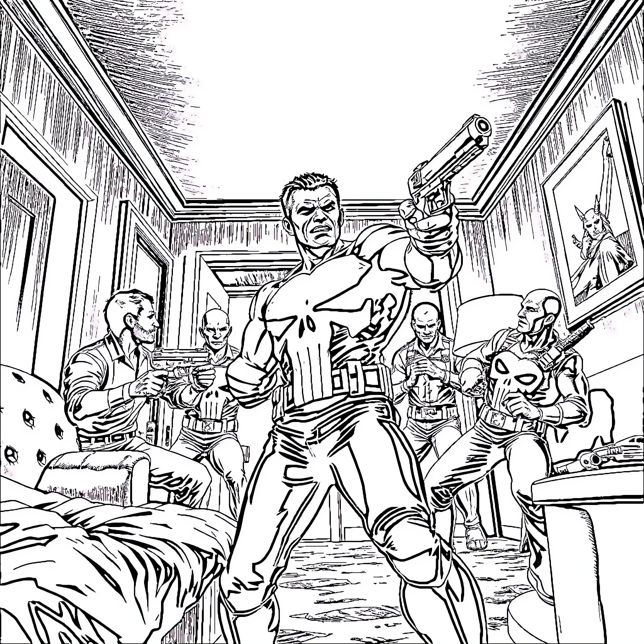 Punisher confronting armed criminals in a room Coloring Page (free black-and-white line drawing printable PDF for all, from beginners to advanced learners, including children, teens, adults, and seniors)