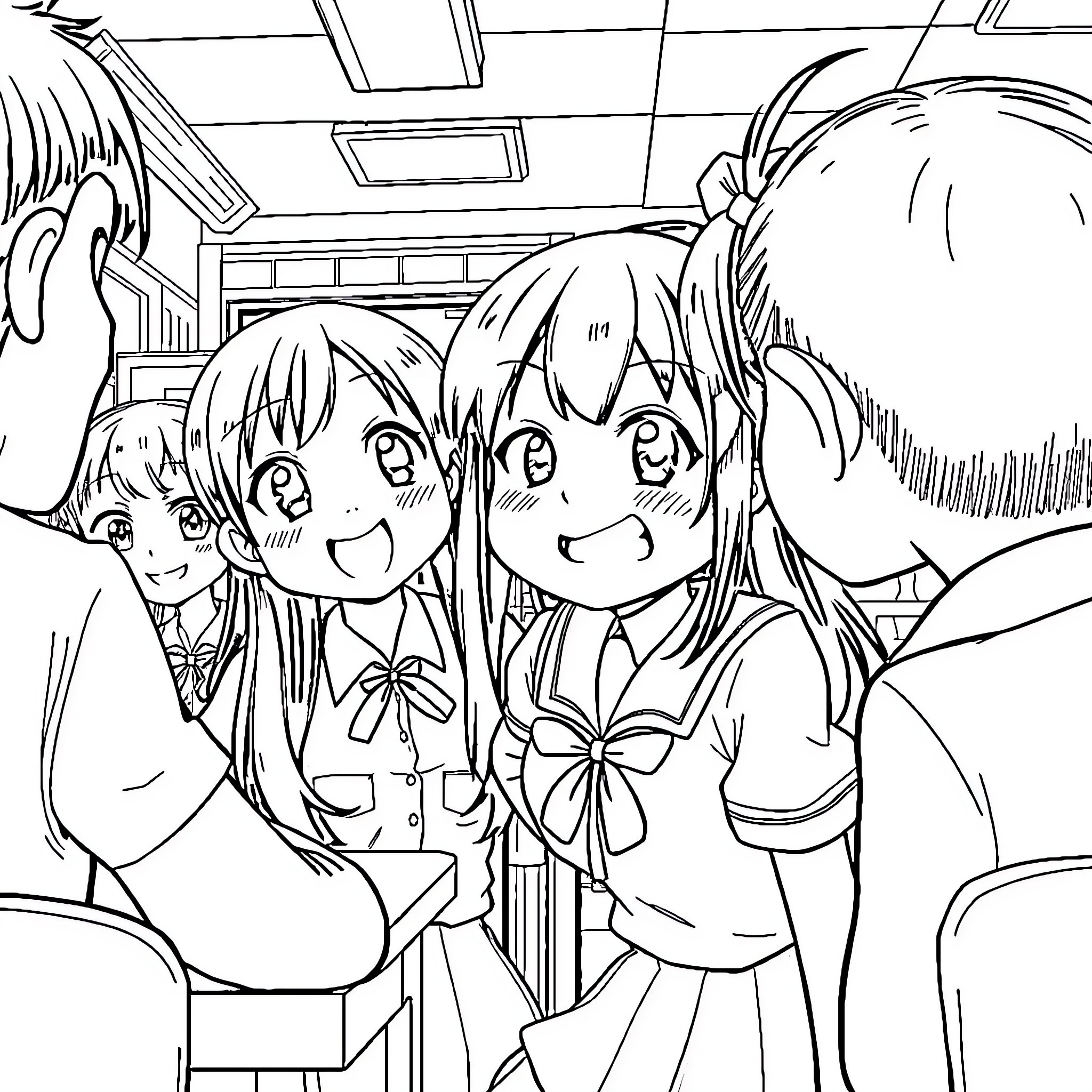 Nagatoro and friends in a school setting Coloring Page (free black-and-white line drawing printable PDF for all, from beginners to advanced learners, including children, teens, adults, and seniors)