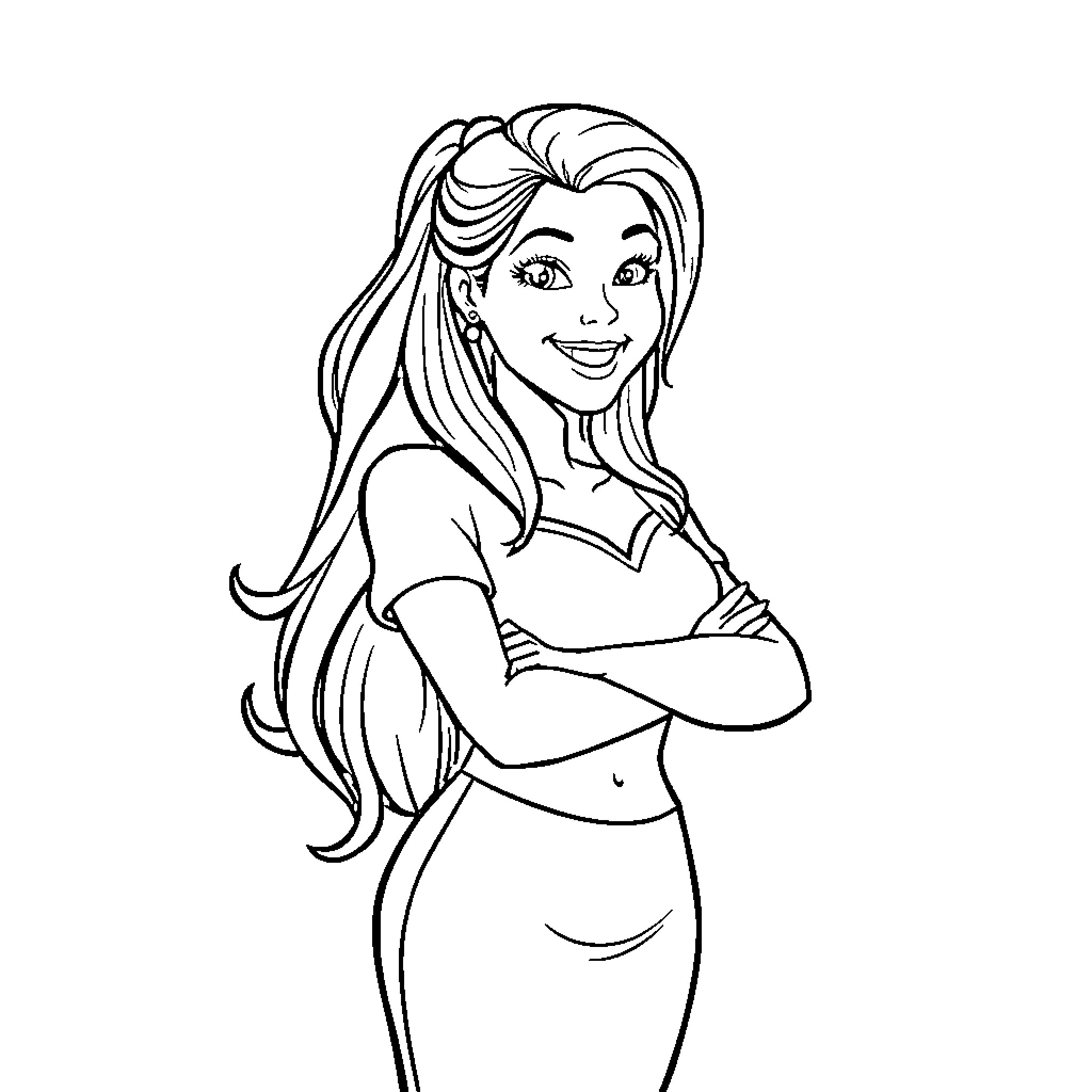 Angela's Cheerful Expression and Casual Outfit Coloring Page (free black-and-white line drawing printable PDF for all, from beginners to advanced learners, including children, teens, adults, and seniors)