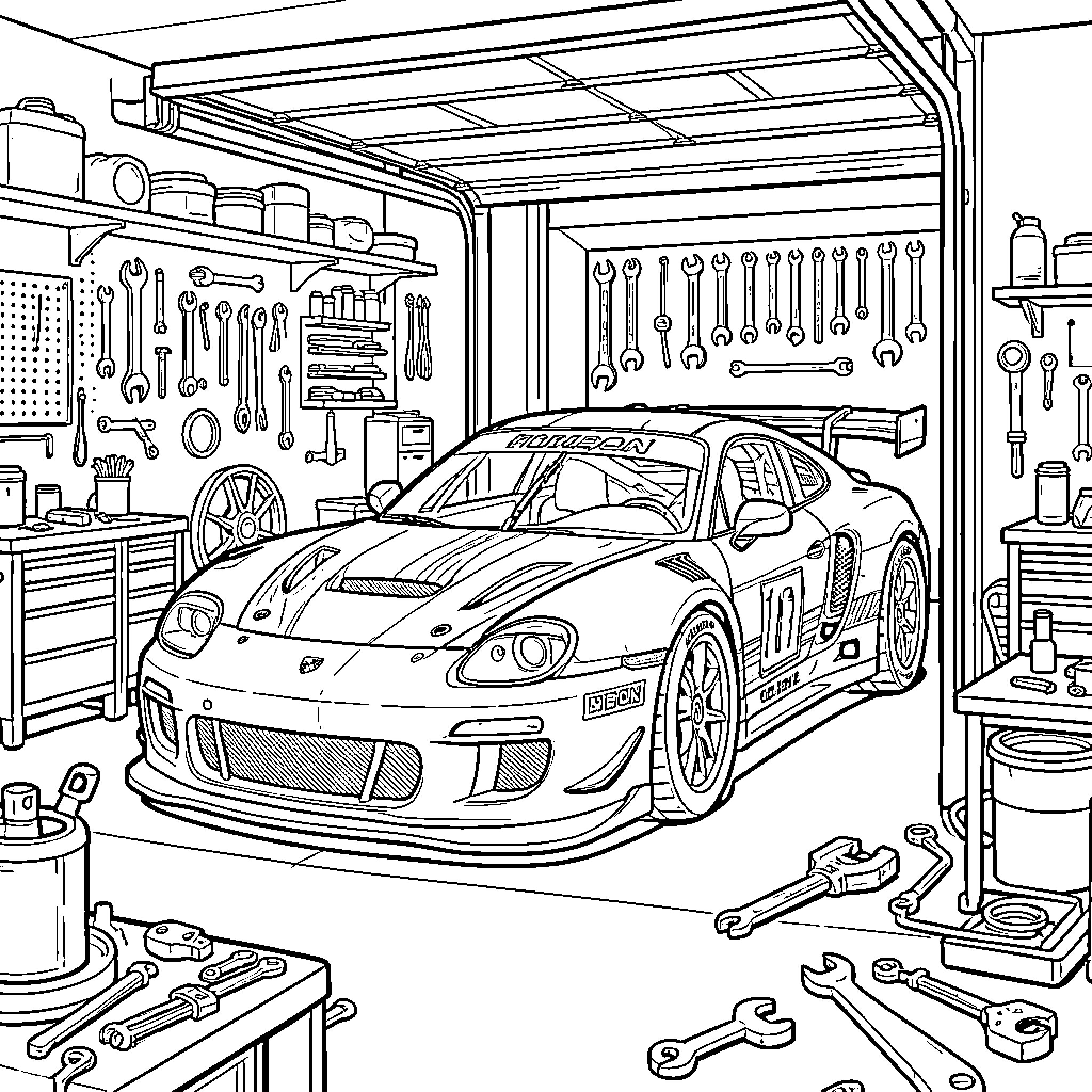 Racing Car parked inside a busy mechanic garage Coloring Page (free black-and-white line drawing printable PDF for all, from beginners to advanced learners, including children, teens, adults, and seniors)