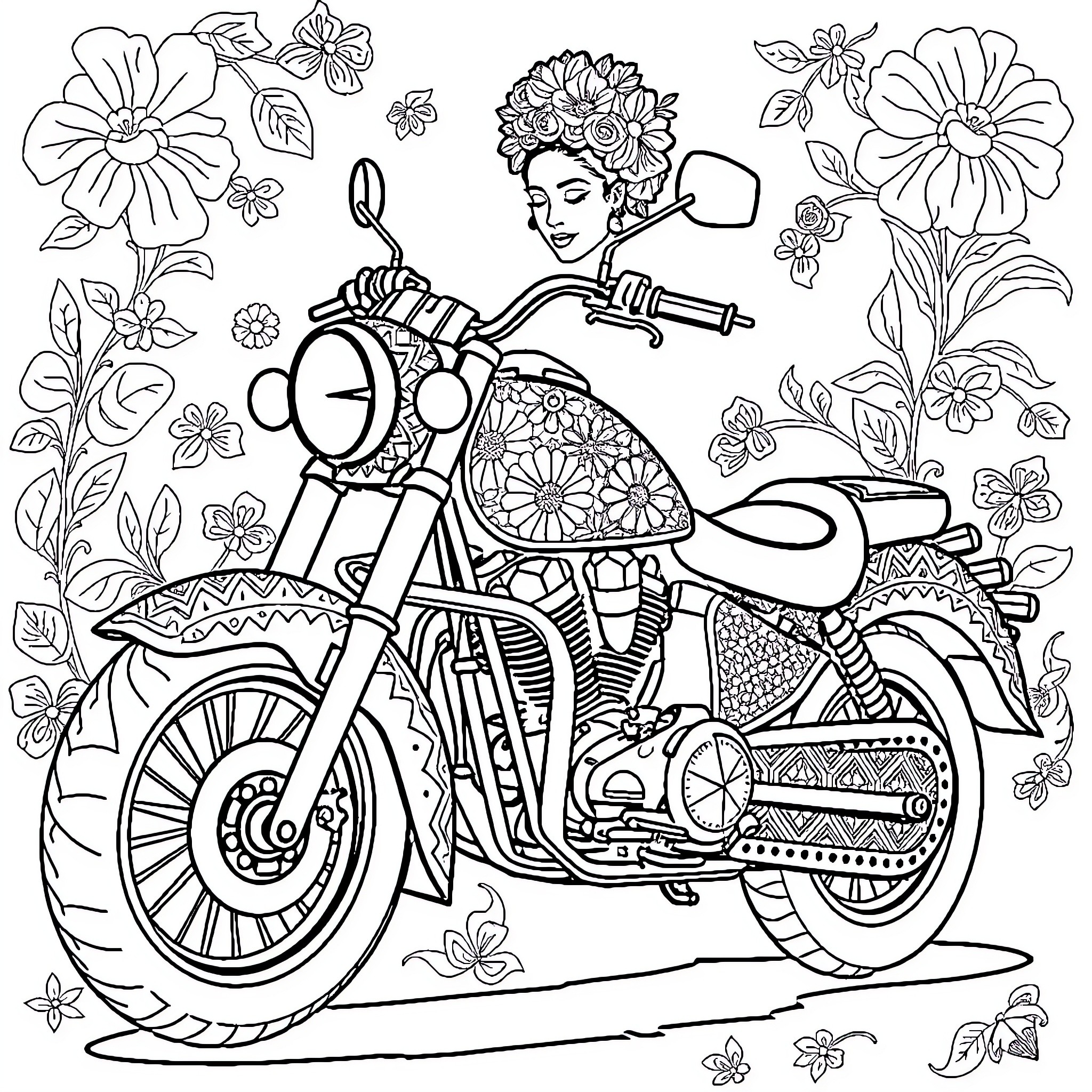 Motorcycle Rider in Floral Wonderland Coloring Page (free black-and-white line drawing printable PDF for all, from beginners to advanced learners, including children, teens, adults, and seniors)