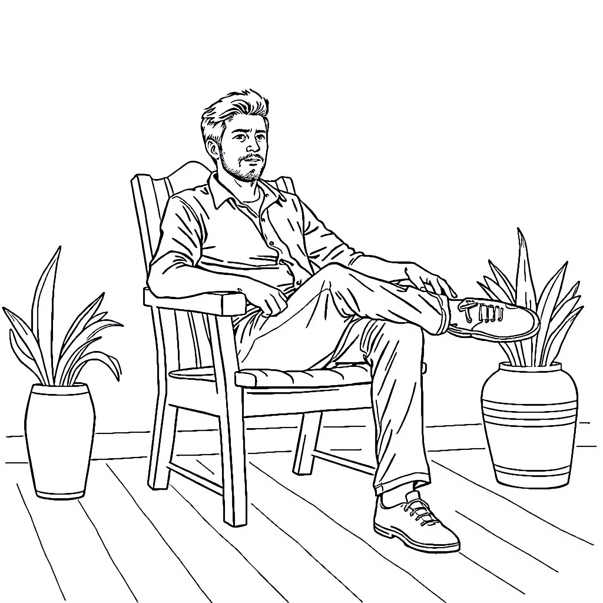 Man sitting comfortably in a chair Coloring Page (free black-and-white line drawing printable PDF for all, from beginners to advanced learners, including children, teens, adults, and seniors)