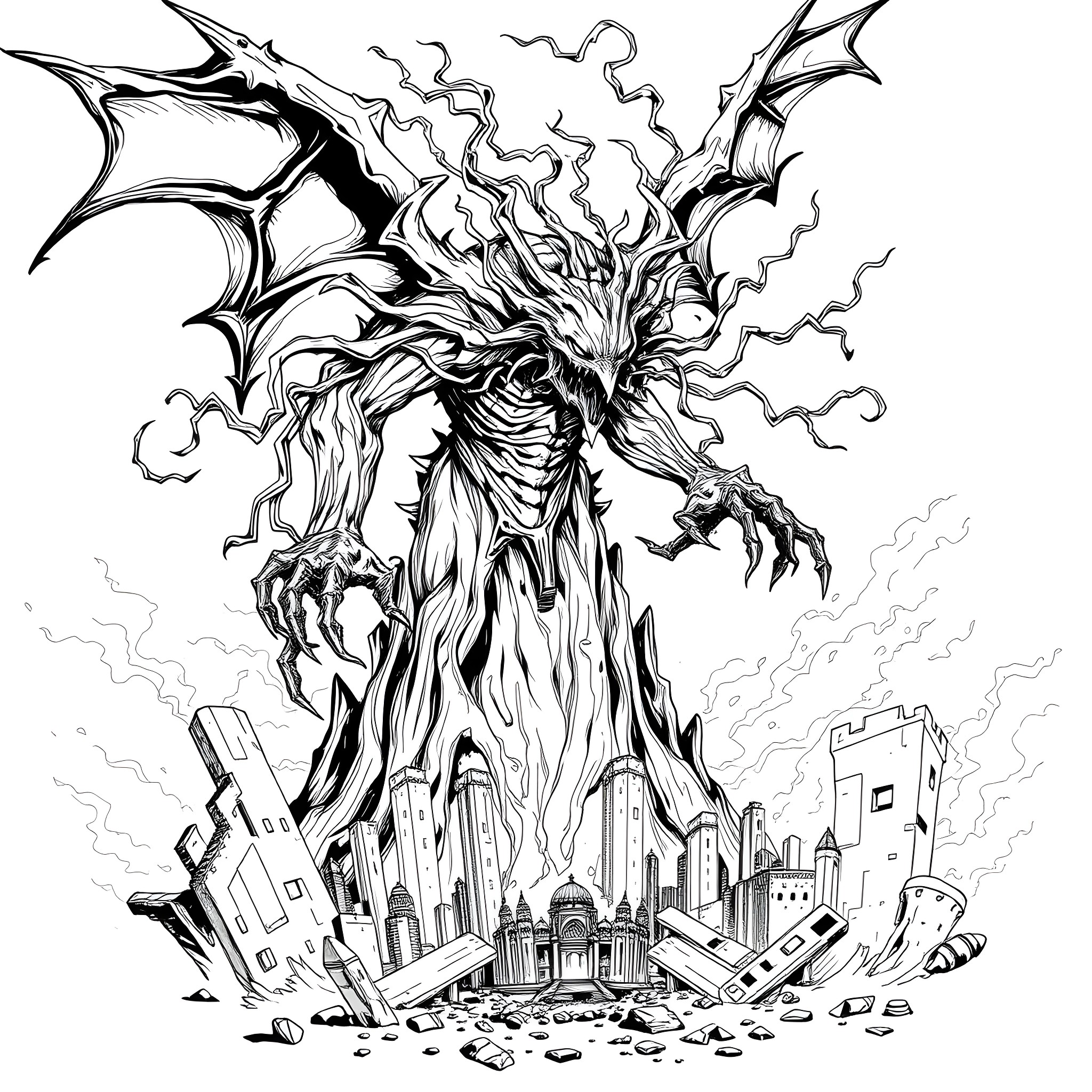 Nemesis, the Colossal Demon Ravaging the City Coloring Page (free black-and-white line drawing printable PDF for all, from beginners to advanced learners, including children, teens, adults, and seniors)