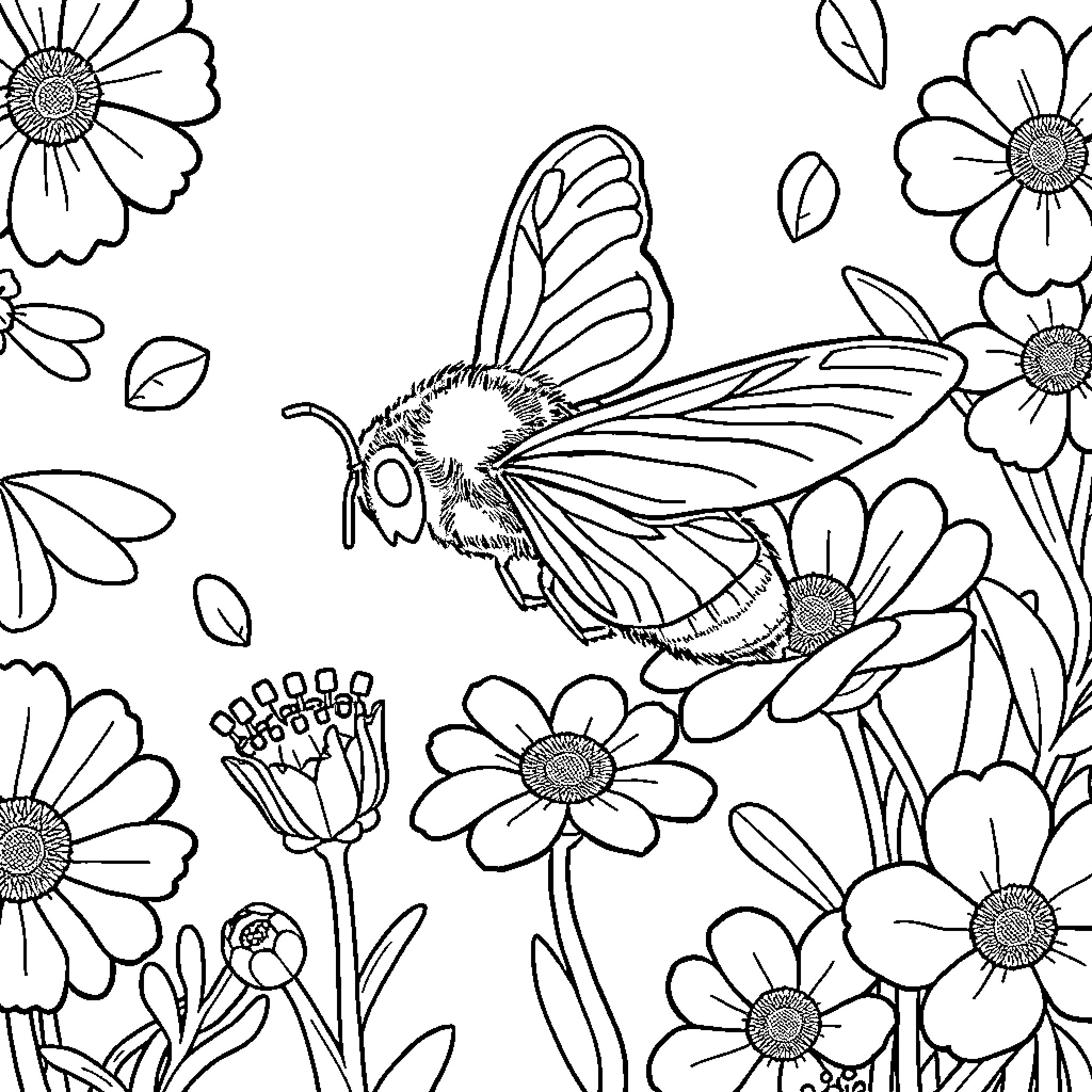 Bee pollinating flowers in a garden Coloring Page (free black-and-white line drawing printable PDF for all, from beginners to advanced learners, including children, teens, adults, and seniors)