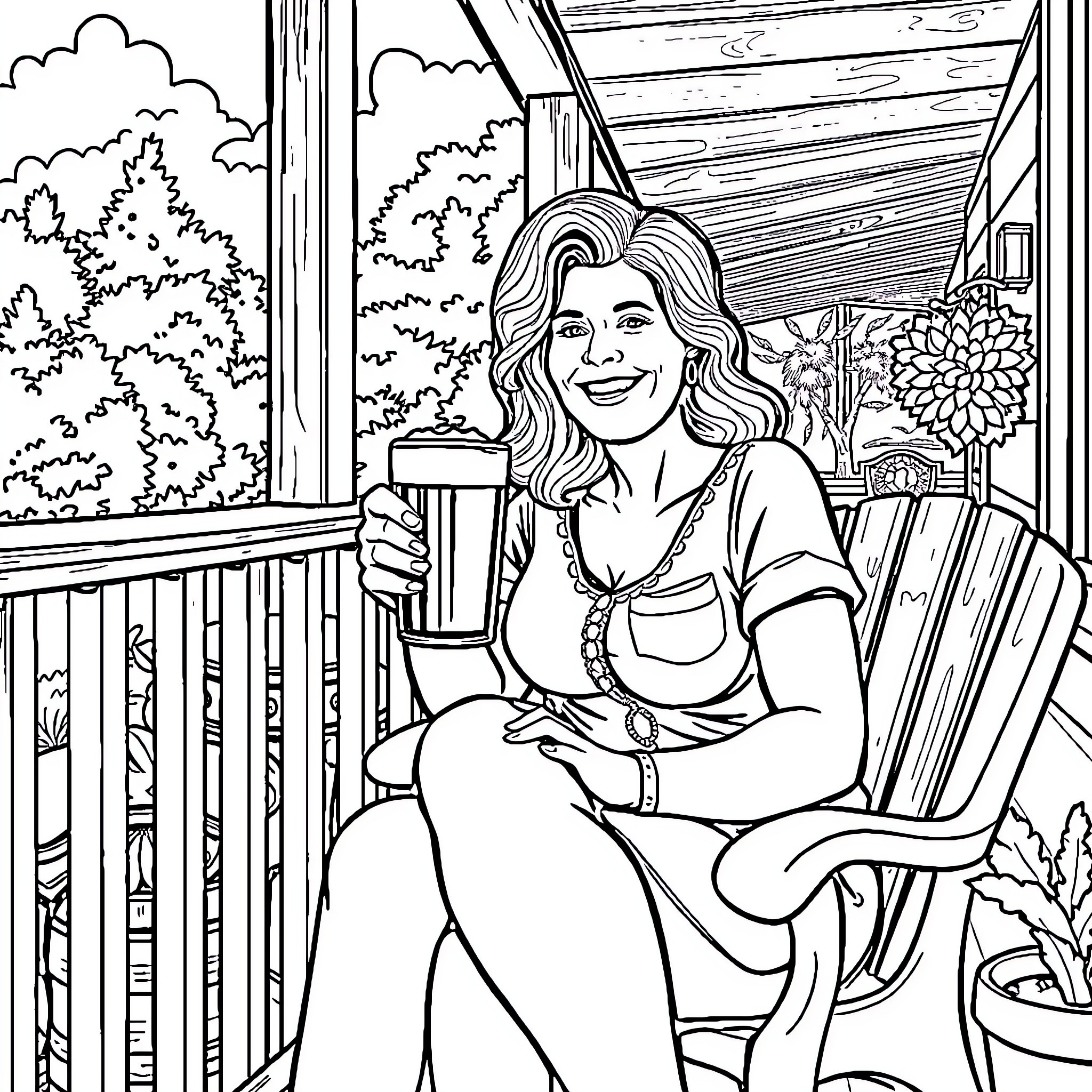 Wife relaxing on porch with coffee Coloring Page (free black-and-white line drawing printable PDF for all, from beginners to advanced learners, including children, teens, adults, and seniors)