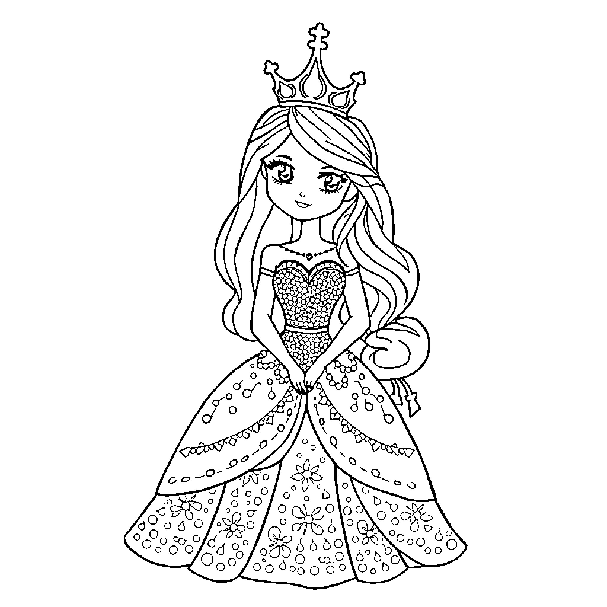 Princess in Elegant Floral Gown Coloring Page (free black-and-white line drawing printable PDF for all, from beginners to advanced learners, including children, teens, adults, and seniors)