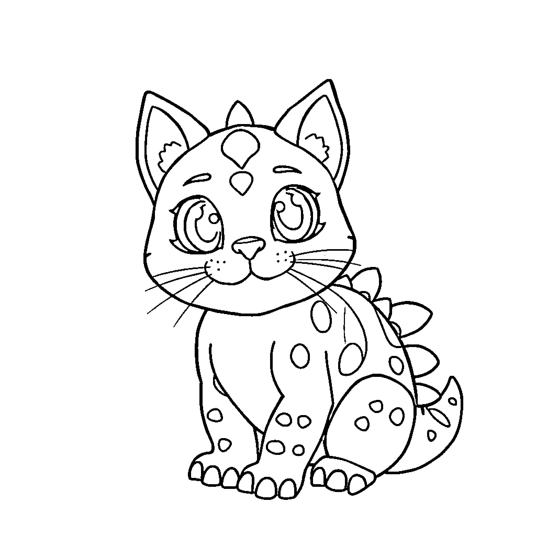 Dinosaur cat with spotty fur and big eyes Coloring Page (free black-and-white line drawing printable PDF for all, from beginners to advanced learners, including children, teens, adults, and seniors)