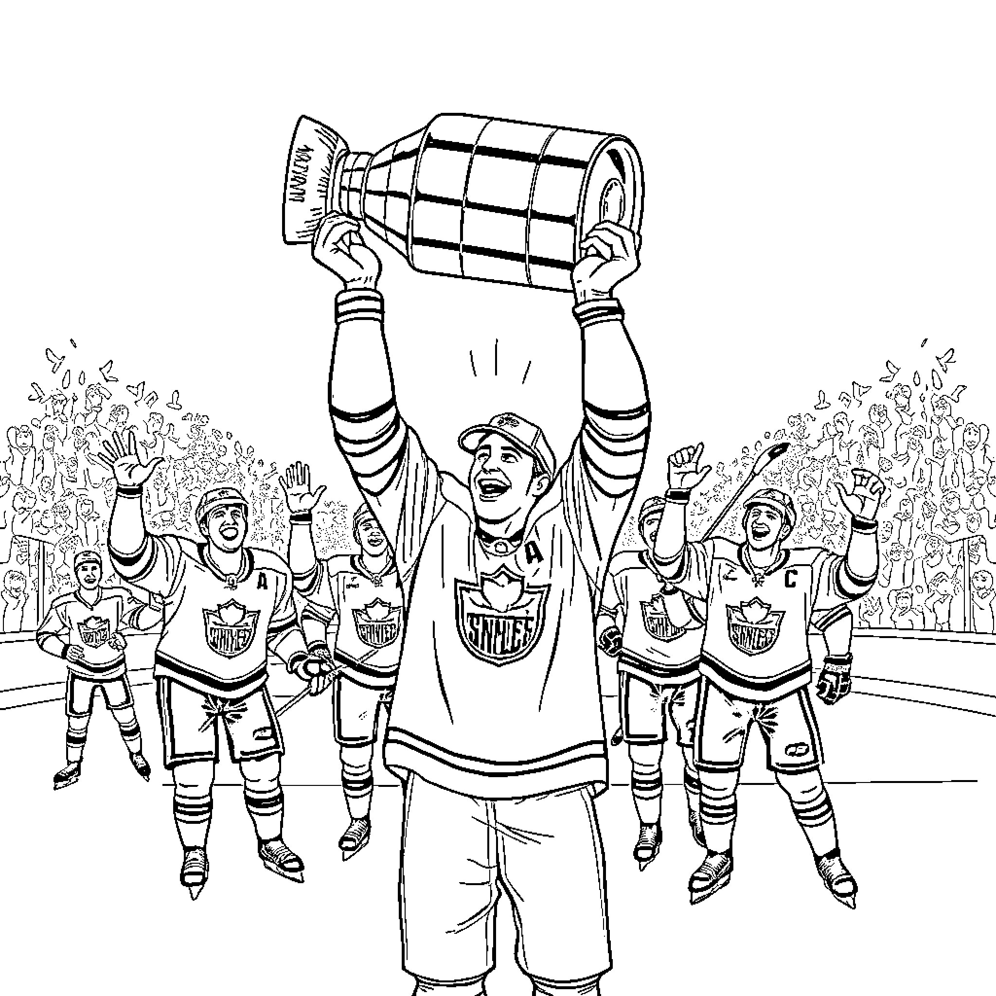 Conner McDavid celebrating hockey championship victory with teammates Coloring Page (free black-and-white line drawing printable PDF for all, from beginners to advanced learners, including children, teens, adults, and seniors)