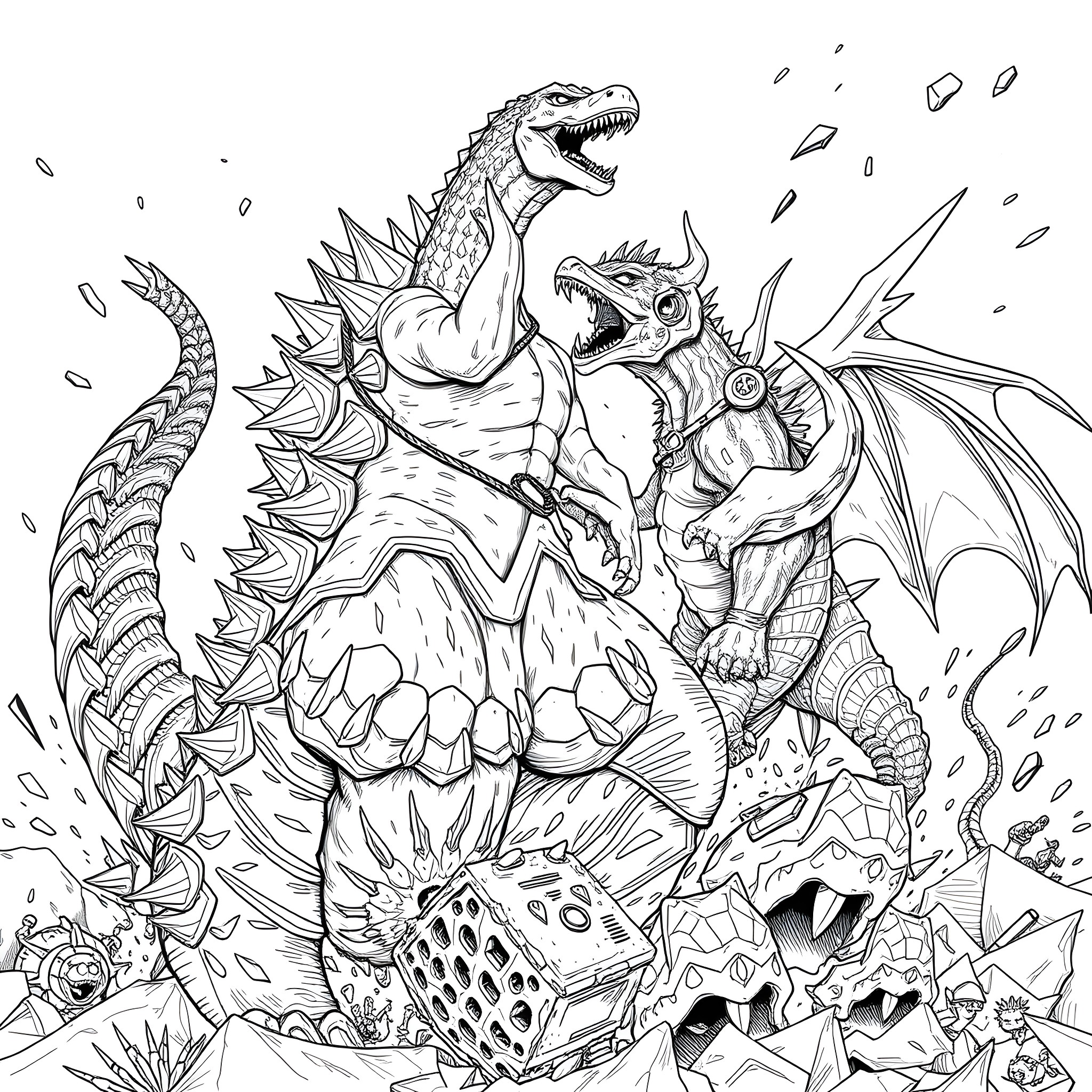Godzilla battling fearsome dragon-like creatures Coloring Page (free black-and-white line drawing printable PDF for all, from beginners to advanced learners, including children, teens, adults, and seniors)