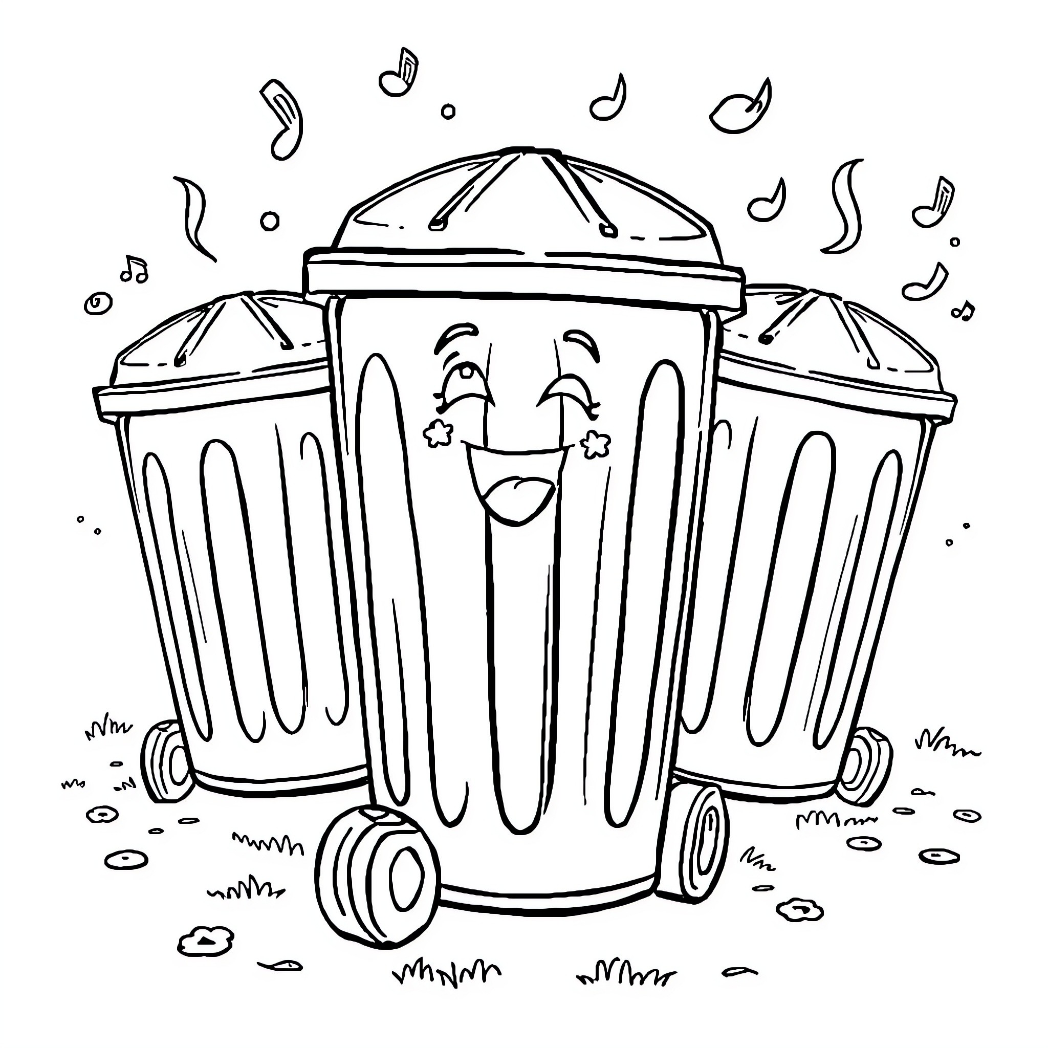 Poubelle enjoying musical notes in the park Coloring Page (free black-and-white line drawing printable PDF for all, from beginners to advanced learners, including children, teens, adults, and seniors)