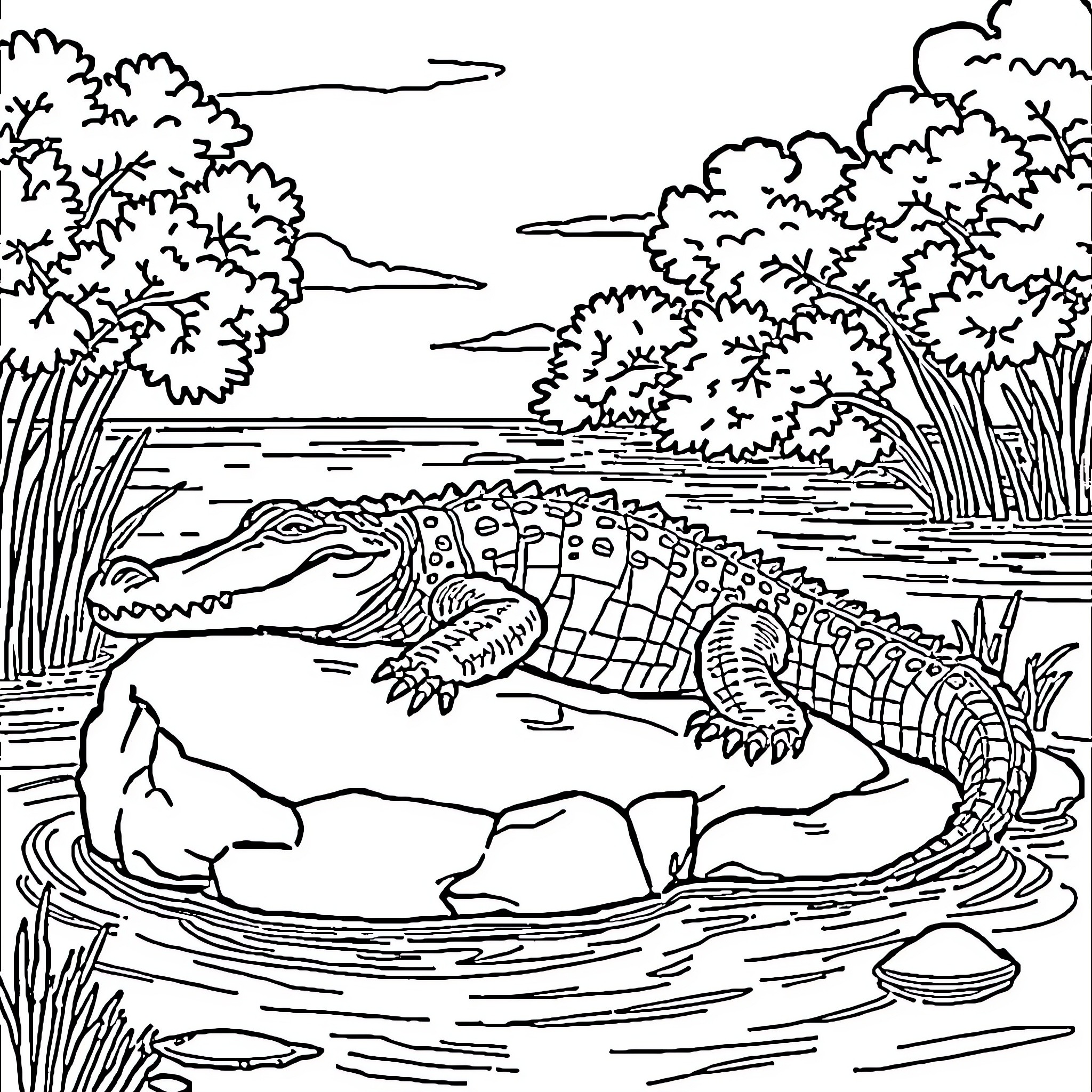 Crocodile resting in a tranquil swamp landscape Coloring Page (free black-and-white line drawing printable PDF for all, from beginners to advanced learners, including children, teens, adults, and seniors)