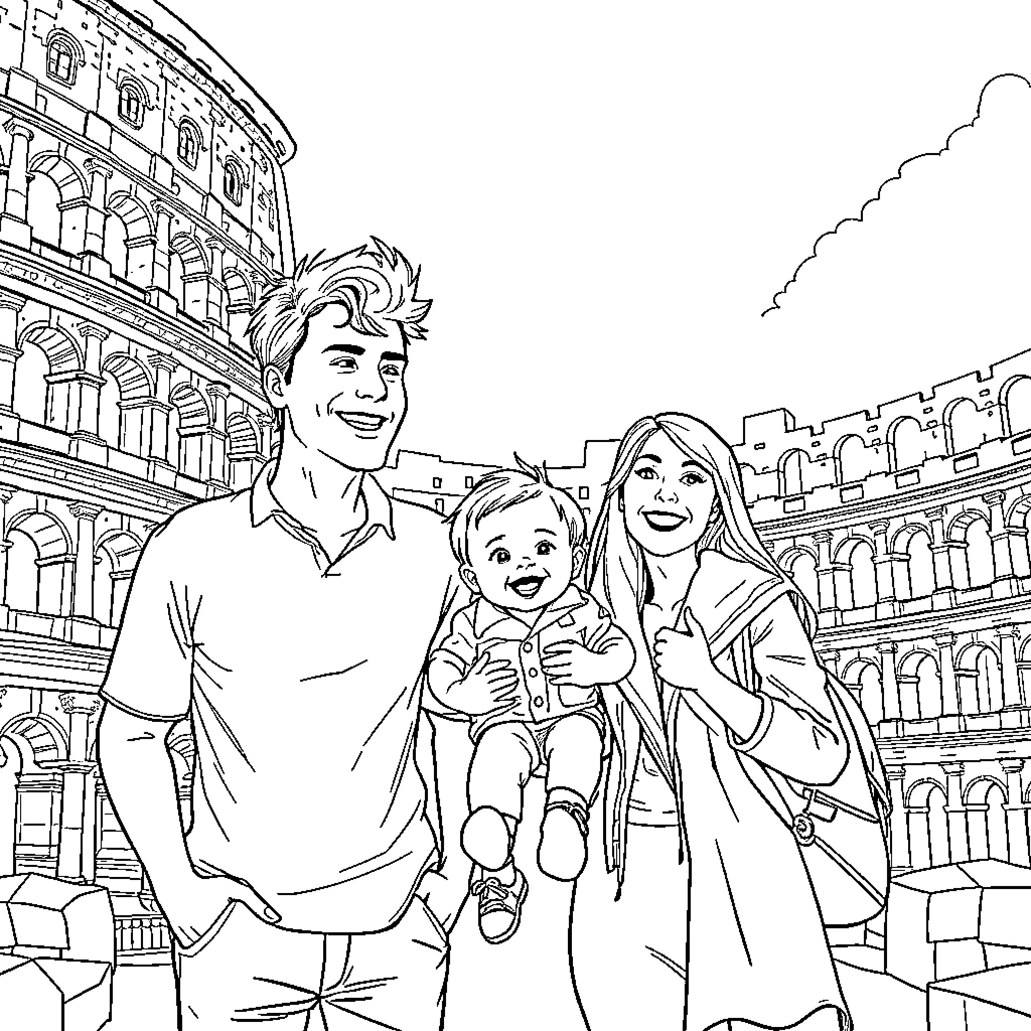 Couple exploring historic sites with child Coloring Page (free black-and-white line drawing printable PDF for all, from beginners to advanced learners, including children, teens, adults, and seniors)