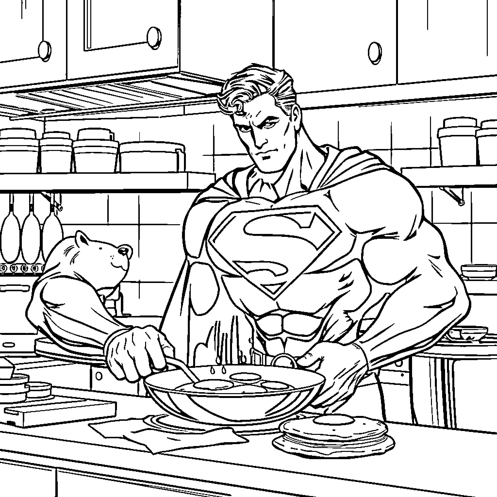 Superman's Domestic Duties: Cooking in the Kitchen Coloring Page (free black-and-white line drawing printable PDF for all, from beginners to advanced learners, including children, teens, adults, and seniors)