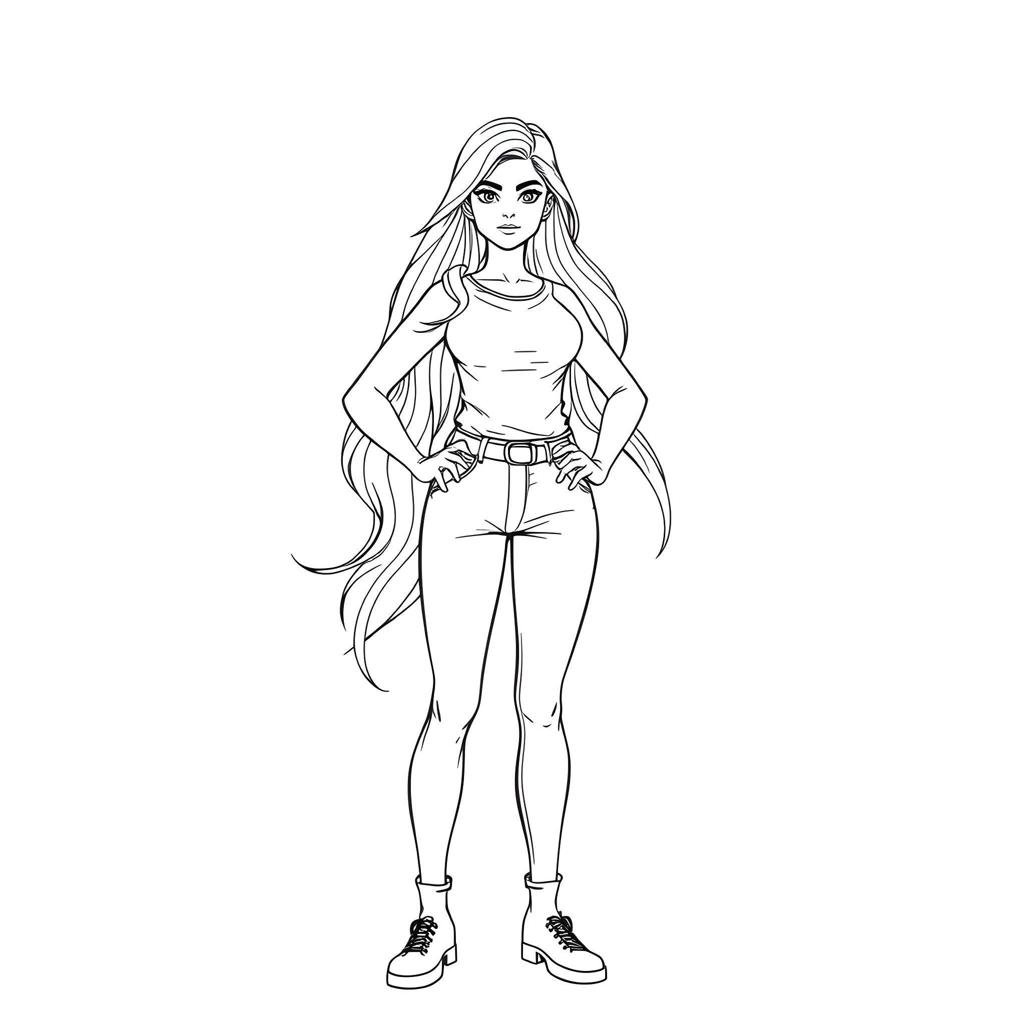 Girl with long hair posing confidently Coloring Page (free black-and-white line drawing printable PDF for all, from beginners to advanced learners, including children, teens, adults, and seniors)
