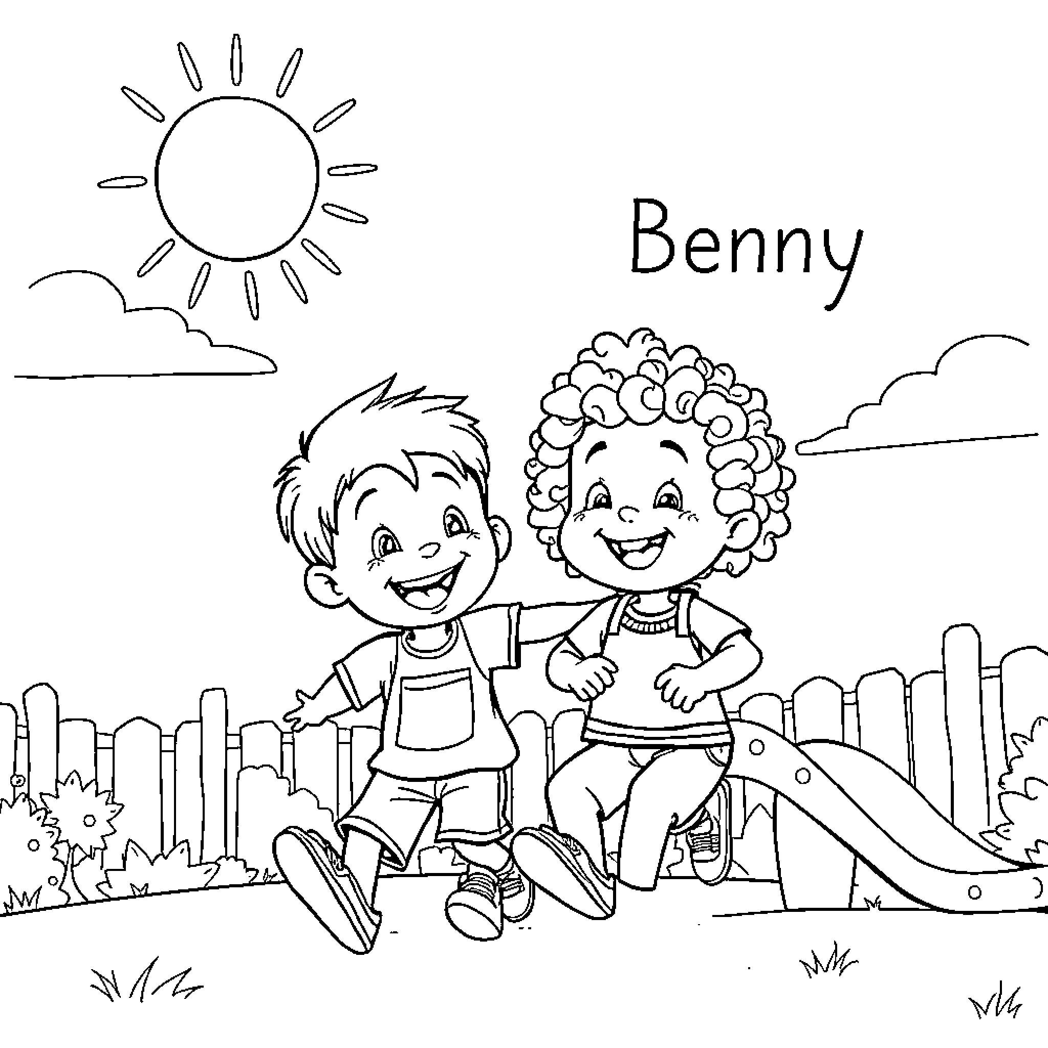 Boy and Girl Enjoying Outdoor Activities Coloring Page (free black-and-white line drawing printable PDF for all, from beginners to advanced learners, including children, teens, adults, and seniors)