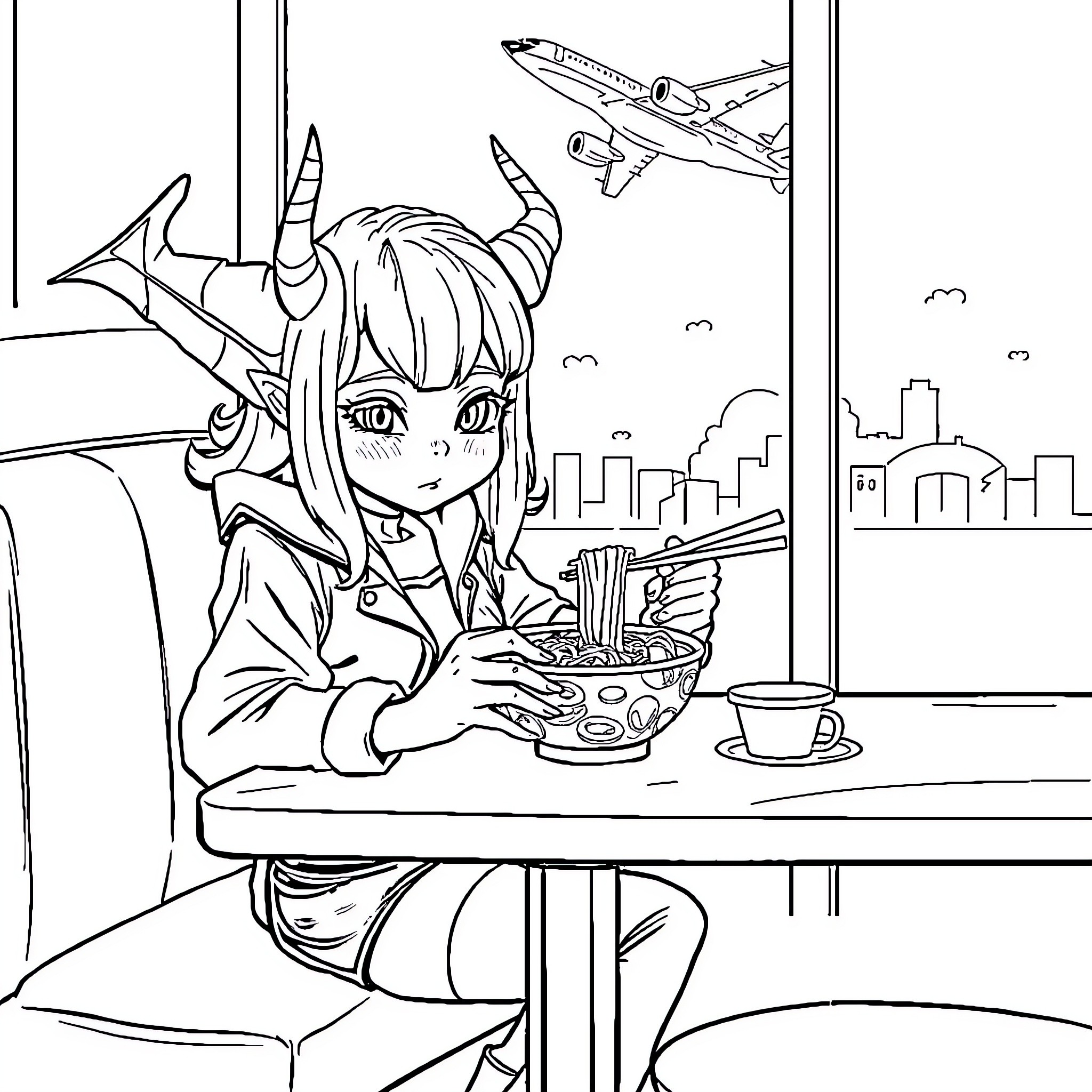 Zoey's Airline Travel Meal in the City Coloring Page (free black-and-white line drawing printable PDF for all, from beginners to advanced learners, including children, teens, adults, and seniors)