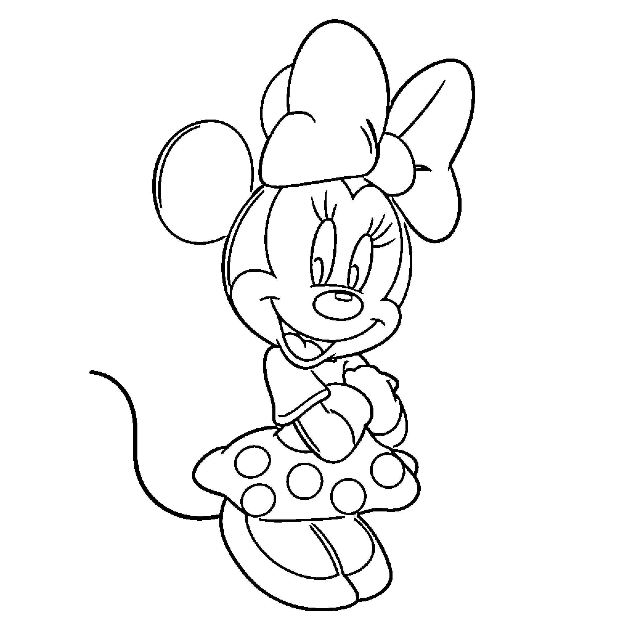 Minnie Mouse smiling and posing in her iconic outfit Coloring Page (free black-and-white line drawing printable PDF for all, from beginners to advanced learners, including children, teens, adults, and seniors)