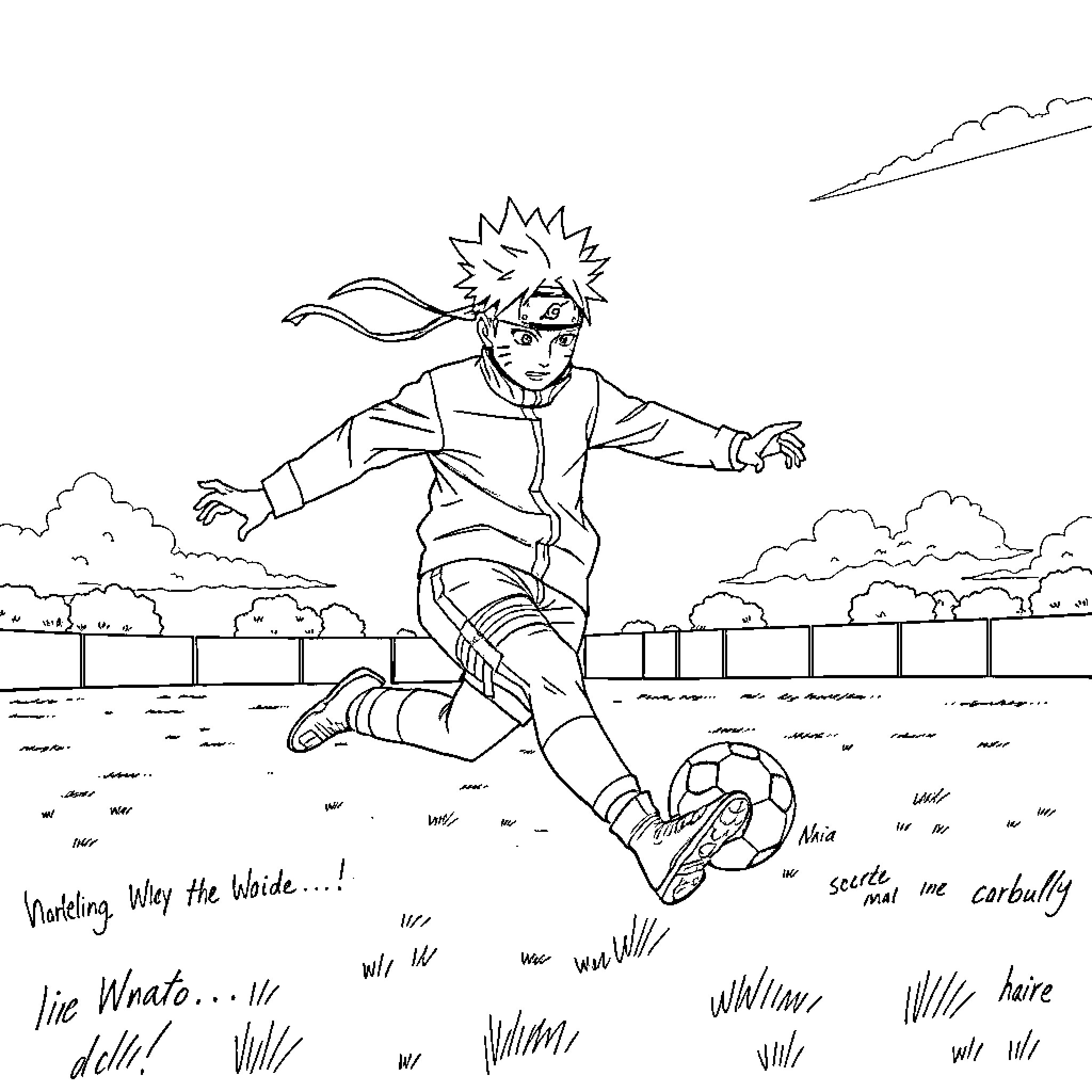 Naruto running with determination in the field Coloring Page (free black-and-white line drawing printable PDF for all, from beginners to advanced learners, including children, teens, adults, and seniors)