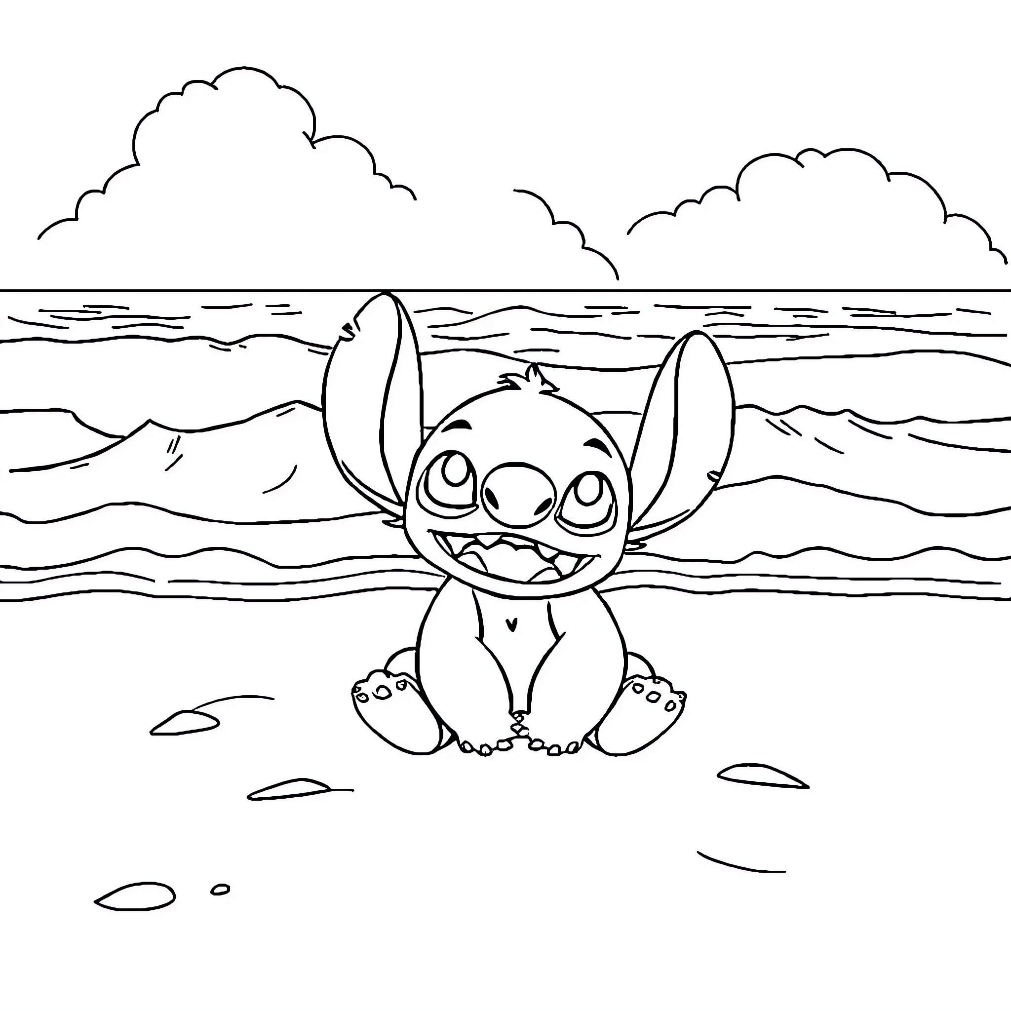 Stitch playing cheerfully on the beach Coloring Page (free black-and-white line drawing printable PDF for all, from beginners to advanced learners, including children, teens, adults, and seniors)