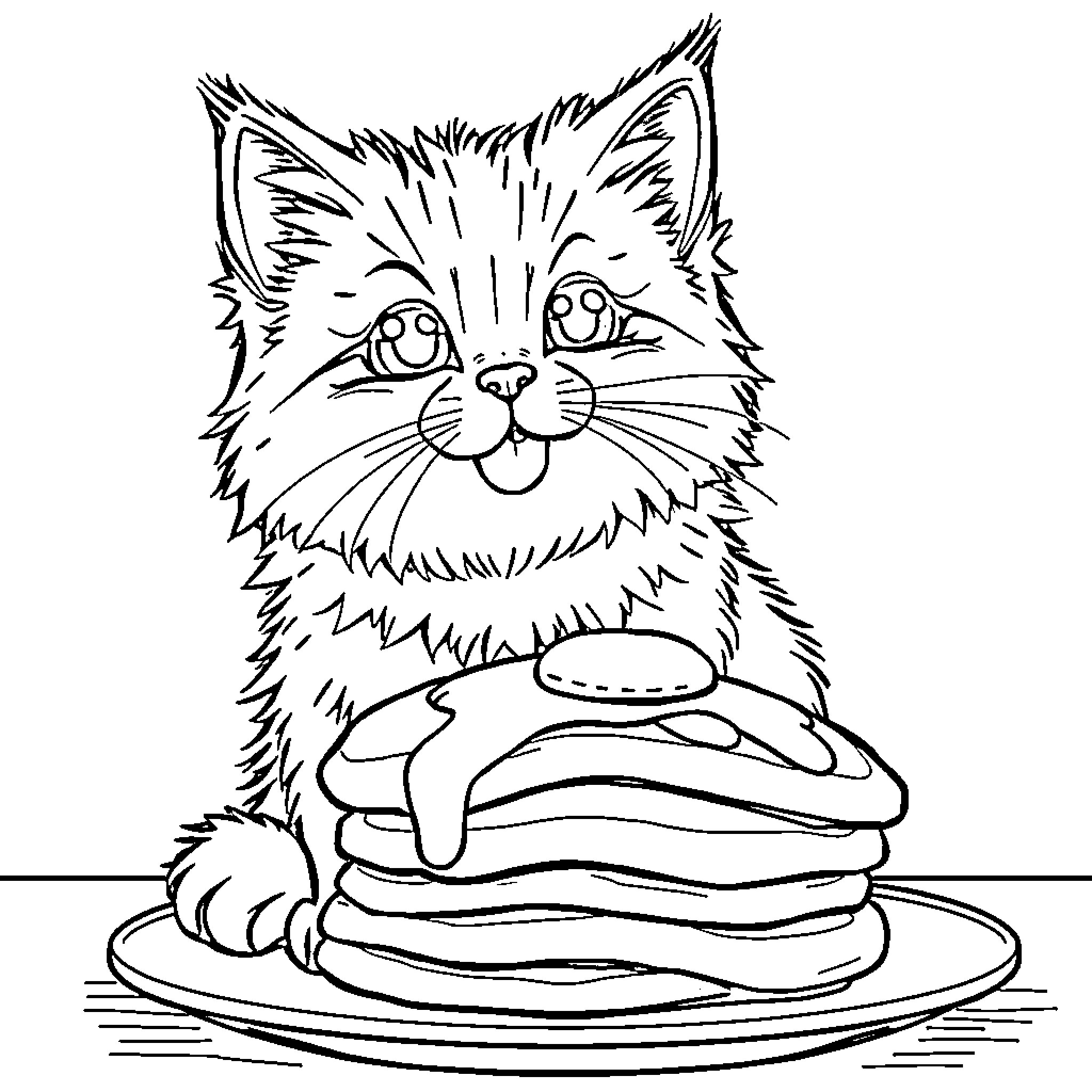 Cat enjoying delicious pancakes Coloring Page (free black-and-white line drawing printable PDF for all, from beginners to advanced learners, including children, teens, adults, and seniors)