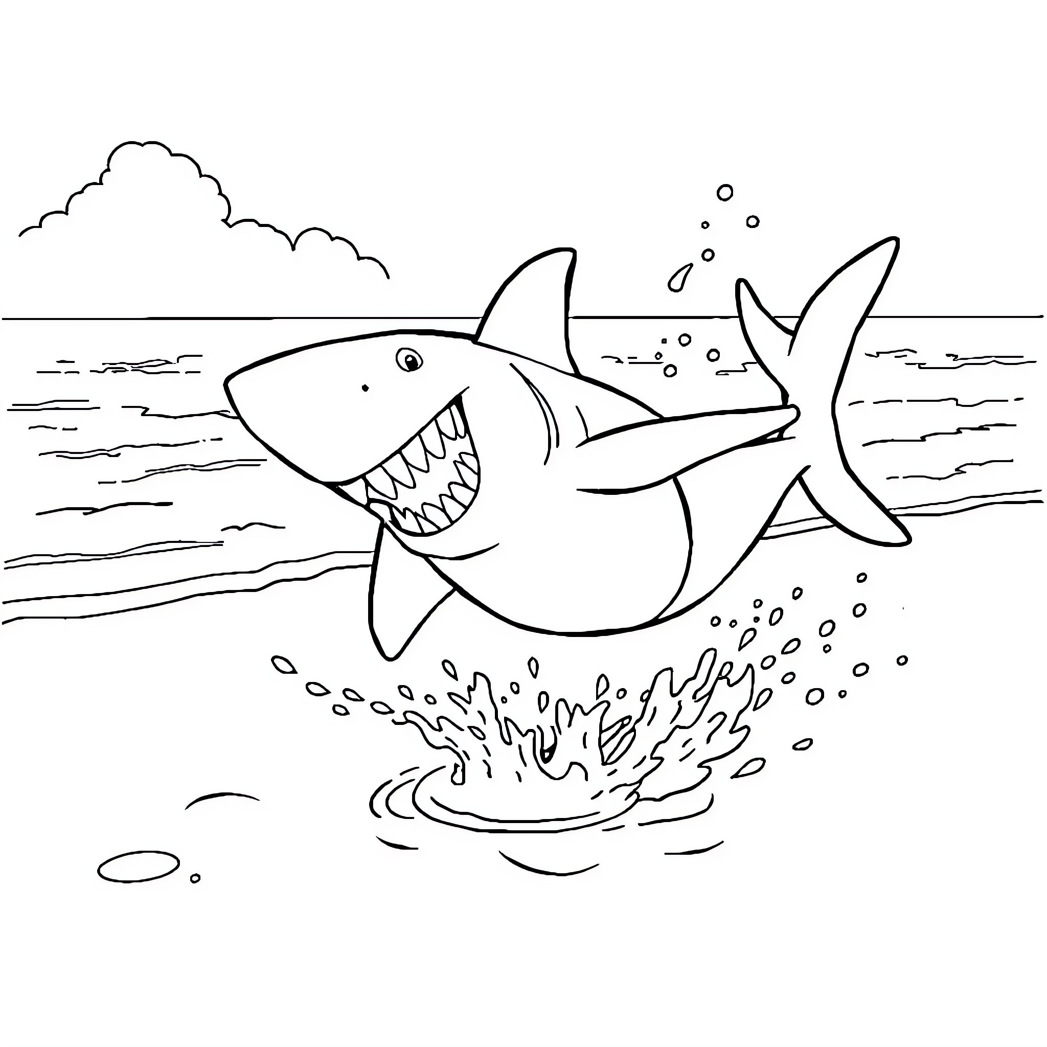 Shark jumping out of the water Coloring Page (free black-and-white line drawing printable PDF for all, from beginners to advanced learners, including children, teens, adults, and seniors)