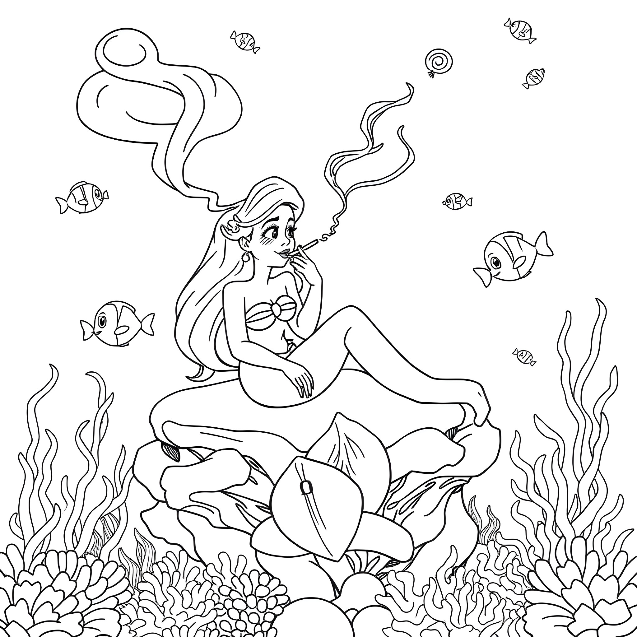 Ariel enjoying the underwater world with marine life Coloring Page (free black-and-white line drawing printable PDF for all, from beginners to advanced learners, including children, teens, adults, and seniors)