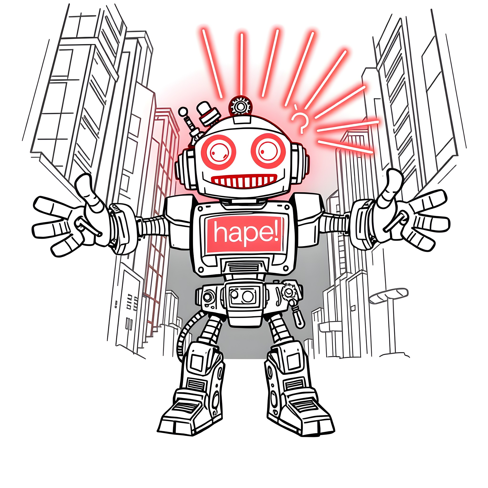 Robot shouts with excitement in city skyline Coloring Page (free black-and-white line drawing printable PDF for all, from beginners to advanced learners, including children, teens, adults, and seniors)