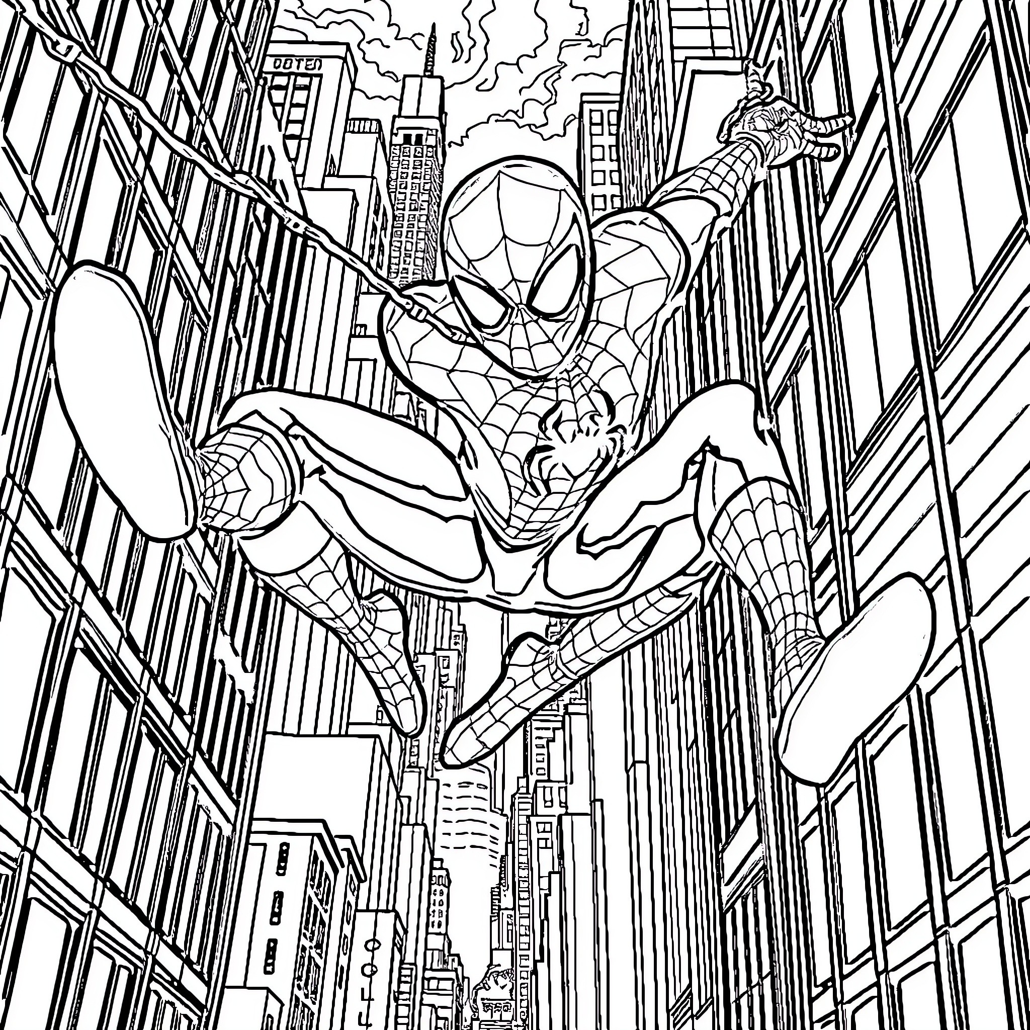 Spiderman swinging through the city skyline Coloring Page (free black-and-white line drawing printable PDF for all, from beginners to advanced learners, including children, teens, adults, and seniors)
