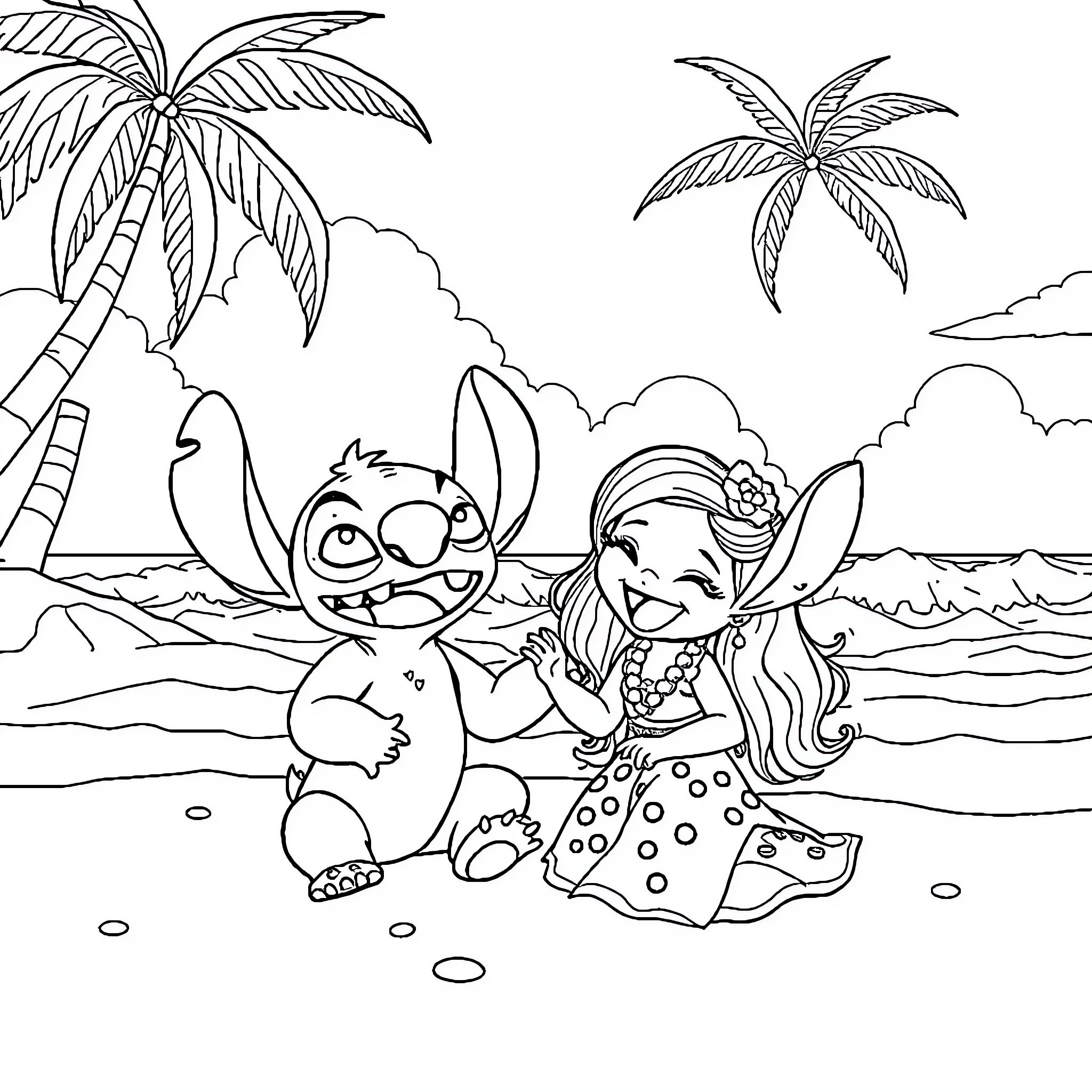 Stitch and Lilo enjoying a beach day Coloring Page (free black-and-white line drawing printable PDF for all, from beginners to advanced learners, including children, teens, adults, and seniors)