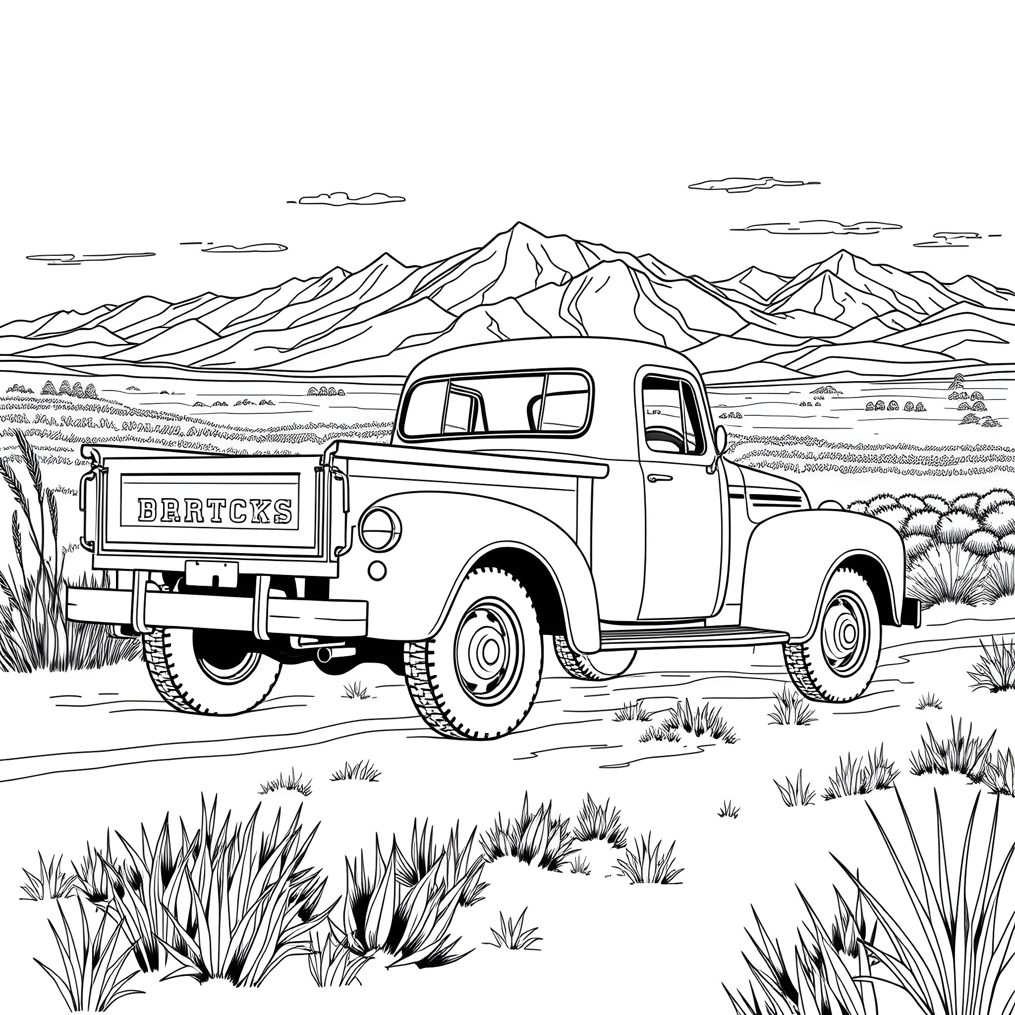 Truck transporting goods in the rugged mountains Coloring Page (free black-and-white line drawing printable PDF for all, from beginners to advanced learners, including children, teens, adults, and seniors)