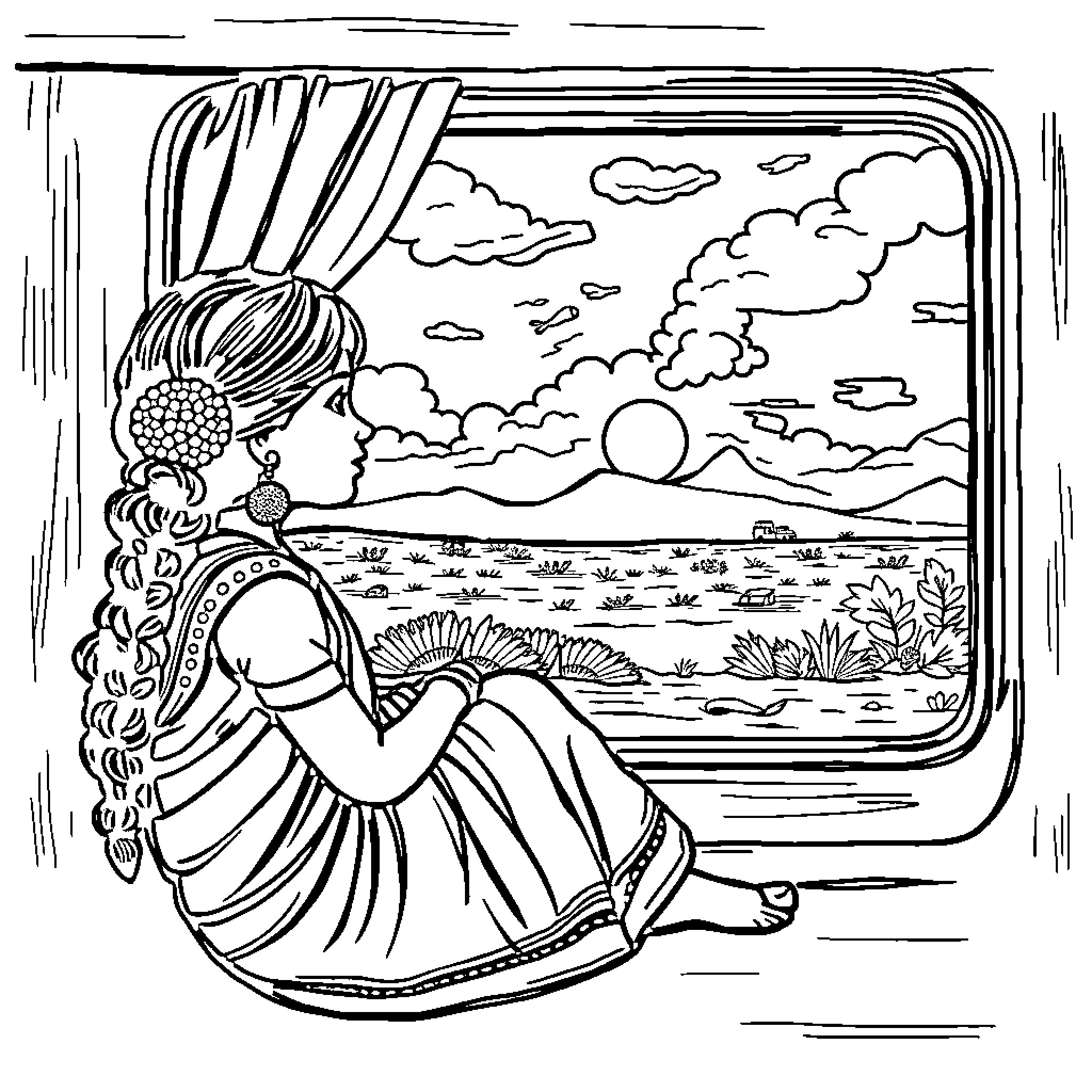 Girl gazing through window at scenic landscape Coloring Page (free black-and-white line drawing printable PDF for all, from beginners to advanced learners, including children, teens, adults, and seniors)