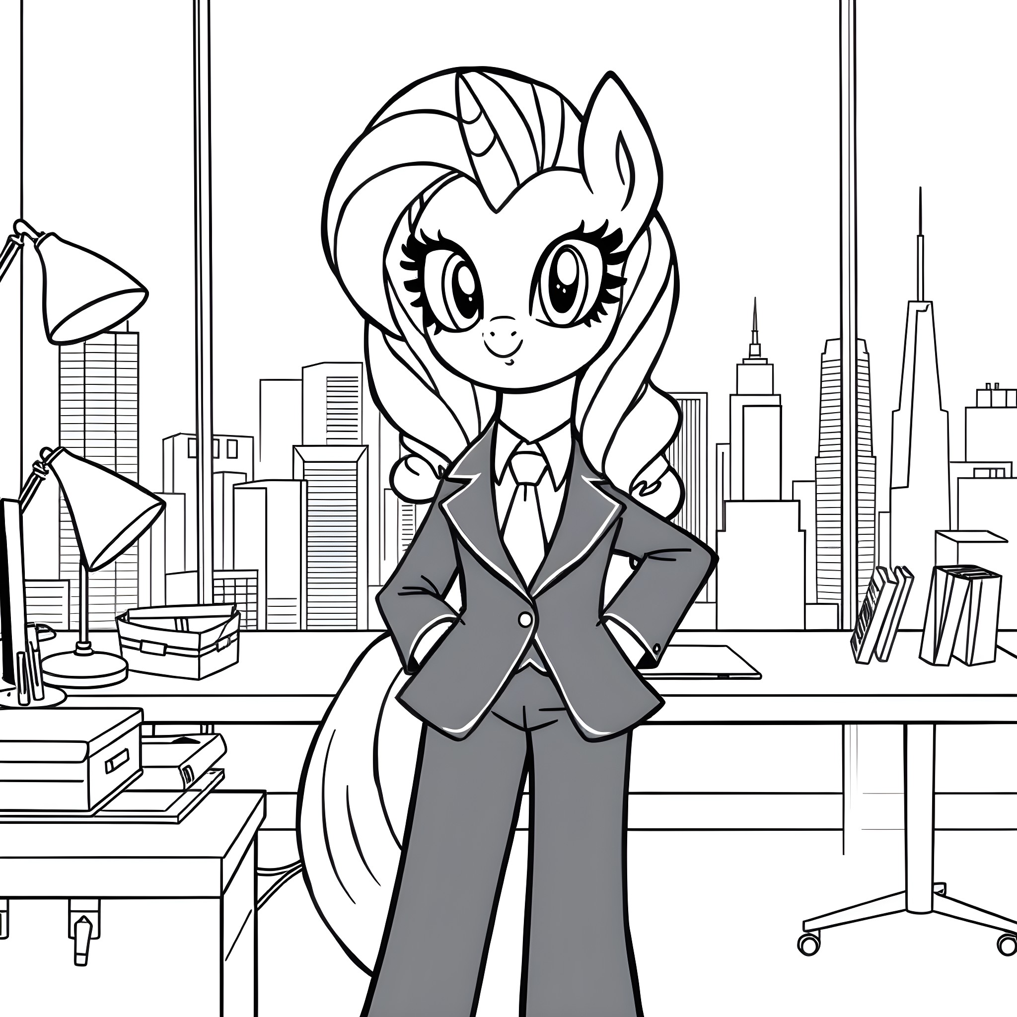 Rarity's Professional Attire in the Big City Coloring Page (free black-and-white line drawing printable PDF for all, from beginners to advanced learners, including children, teens, adults, and seniors)
