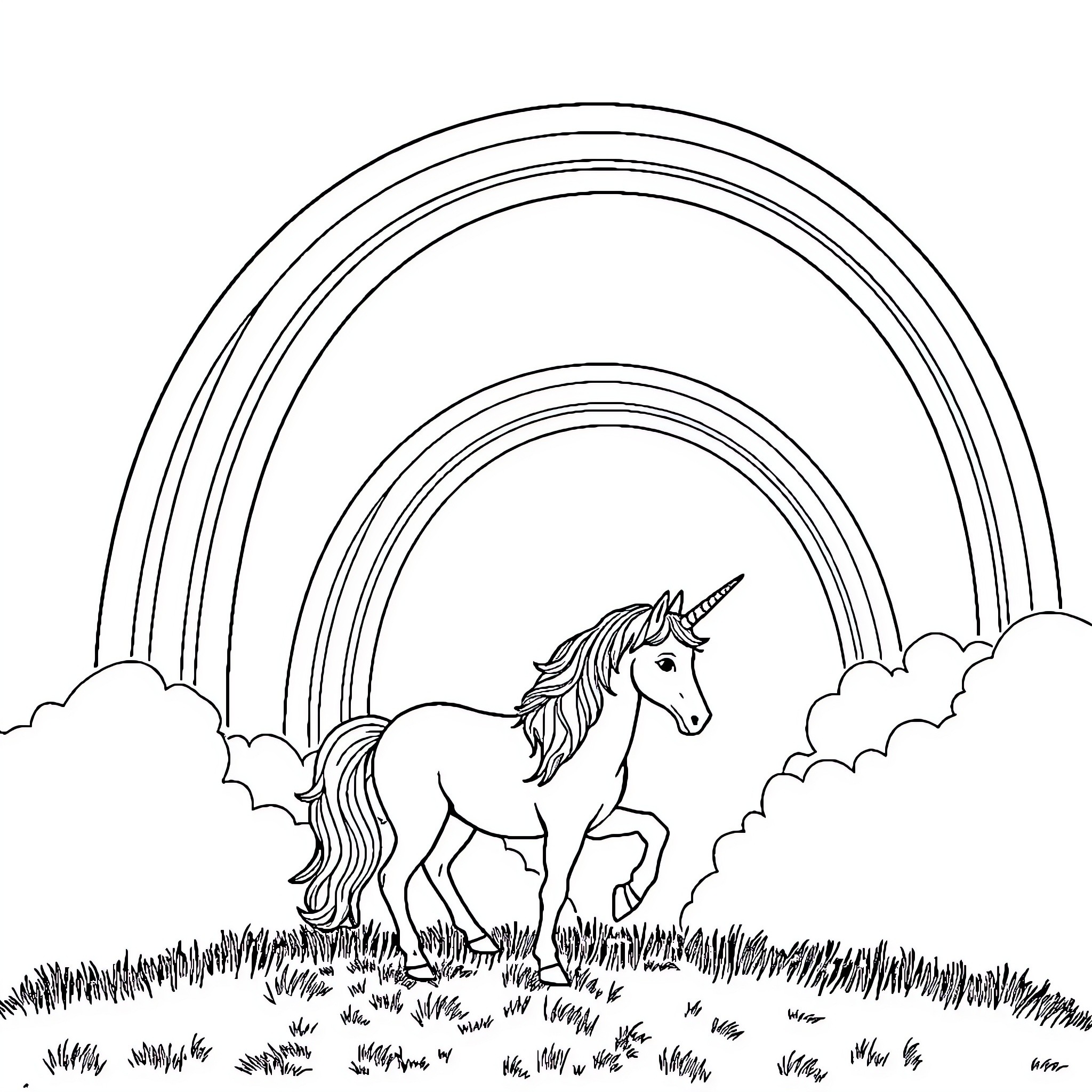 Unicorn walking through a magical meadow Coloring Page (free black-and-white line drawing printable PDF for all, from beginners to advanced learners, including children, teens, adults, and seniors)