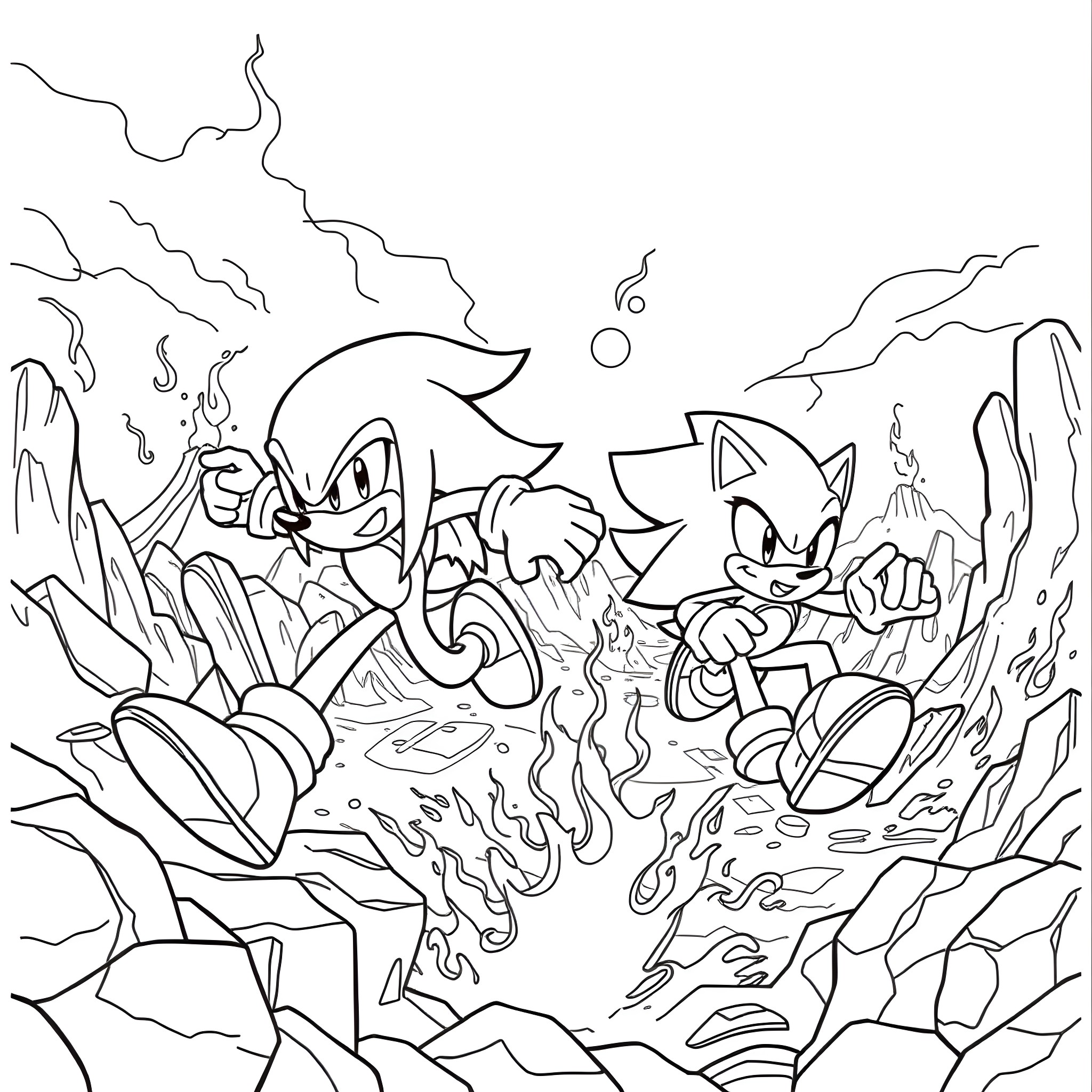 Sonic and friends in an adventurous underwater scene Coloring Page (free black-and-white line drawing printable PDF for all, from beginners to advanced learners, including children, teens, adults, and seniors)