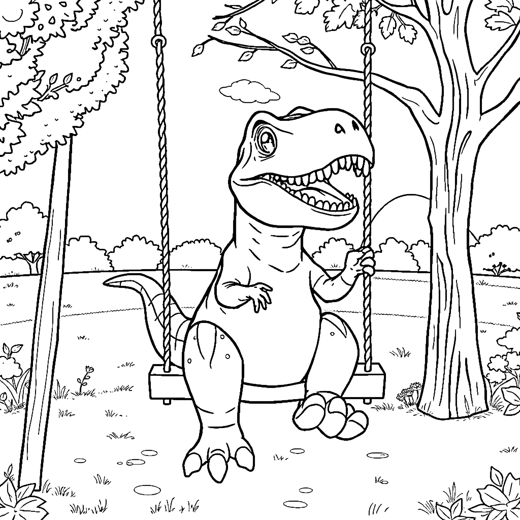 T-Rex enjoying a swing in the park Coloring Page (free black-and-white line drawing printable PDF for all, from beginners to advanced learners, including children, teens, adults, and seniors)