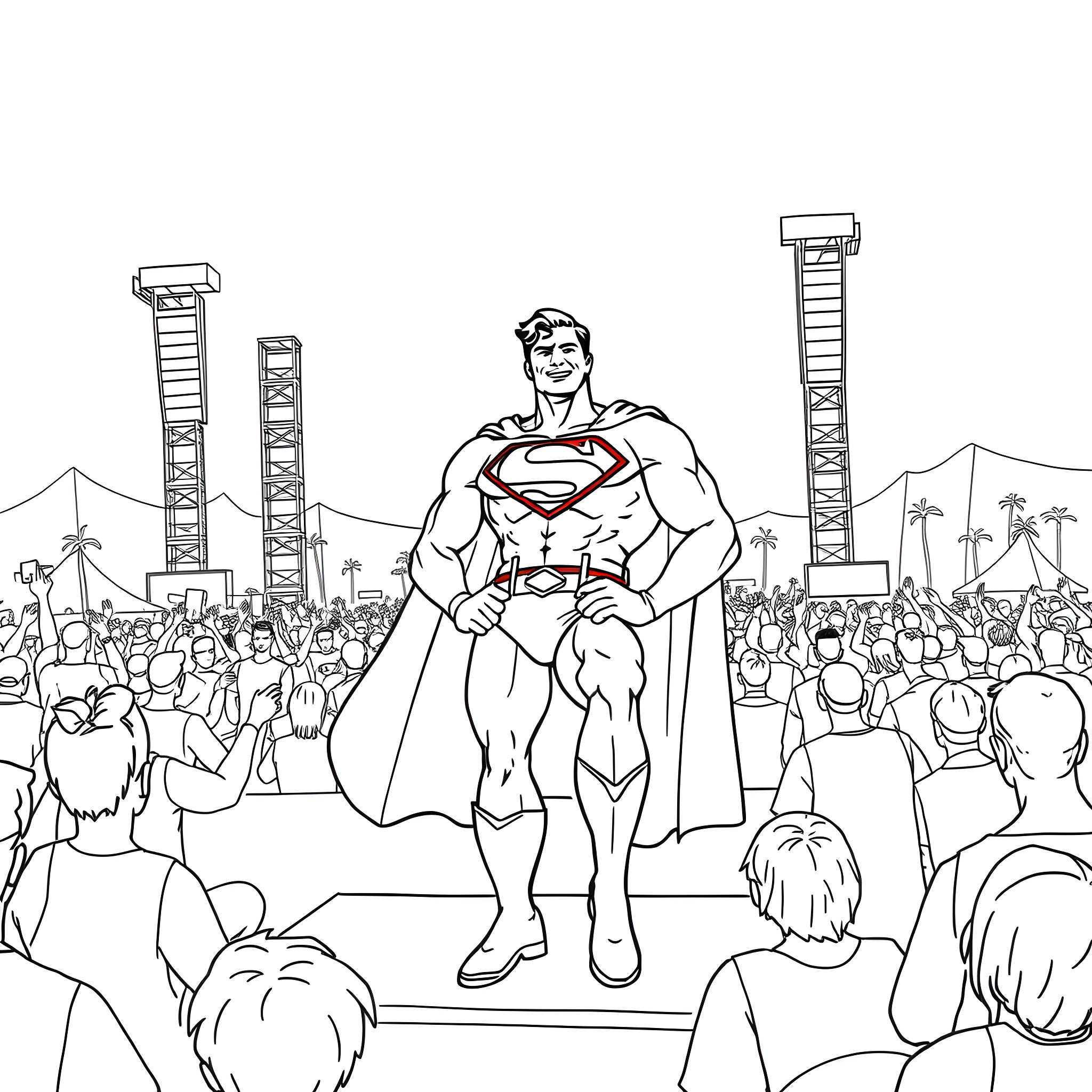 Superman commanding a crowd of adoring fans Coloring Page (free black-and-white line drawing printable PDF for all, from beginners to advanced learners, including children, teens, adults, and seniors)