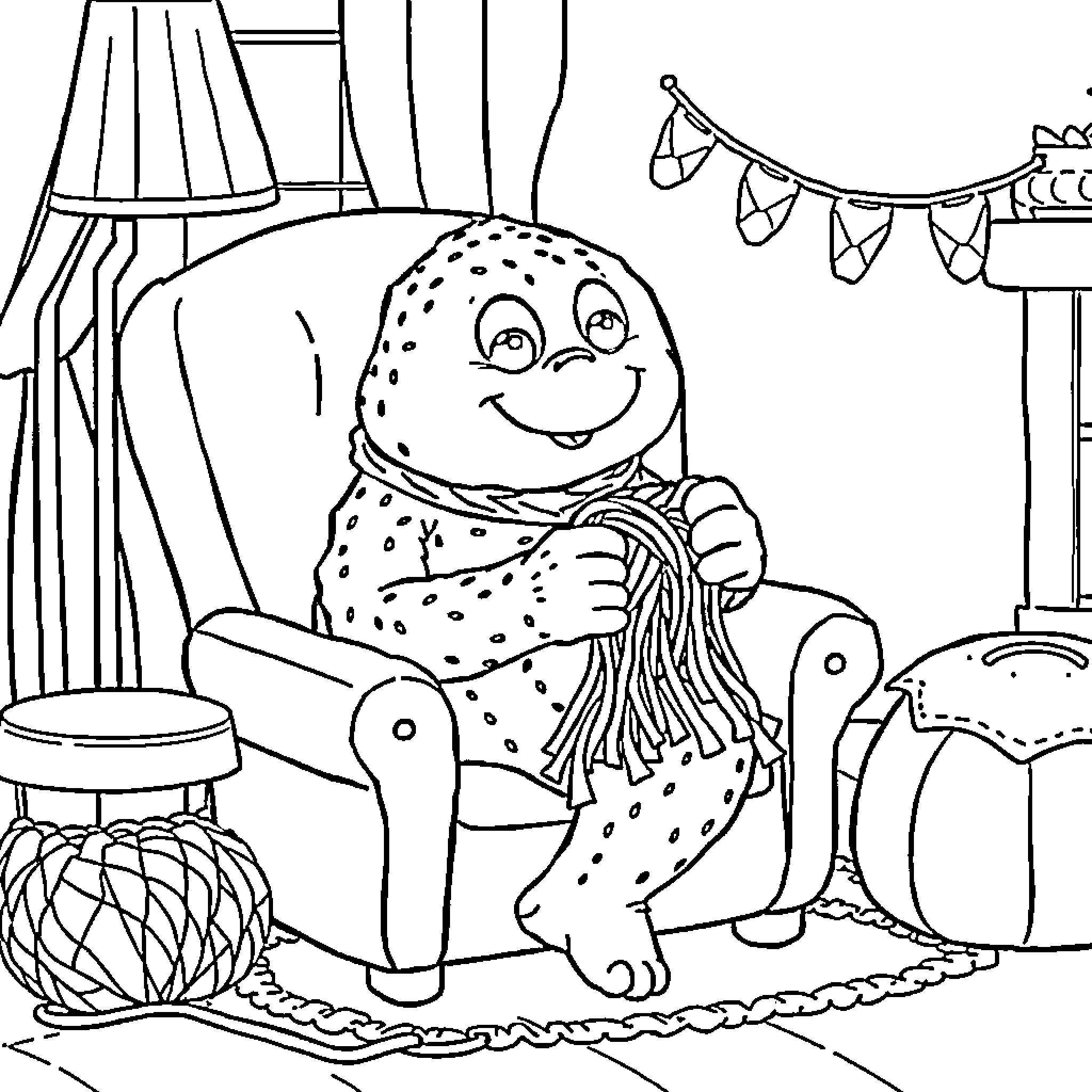 Grogu relaxing in a cozy room Coloring Page (free black-and-white line drawing printable PDF for all, from beginners to advanced learners, including children, teens, adults, and seniors)