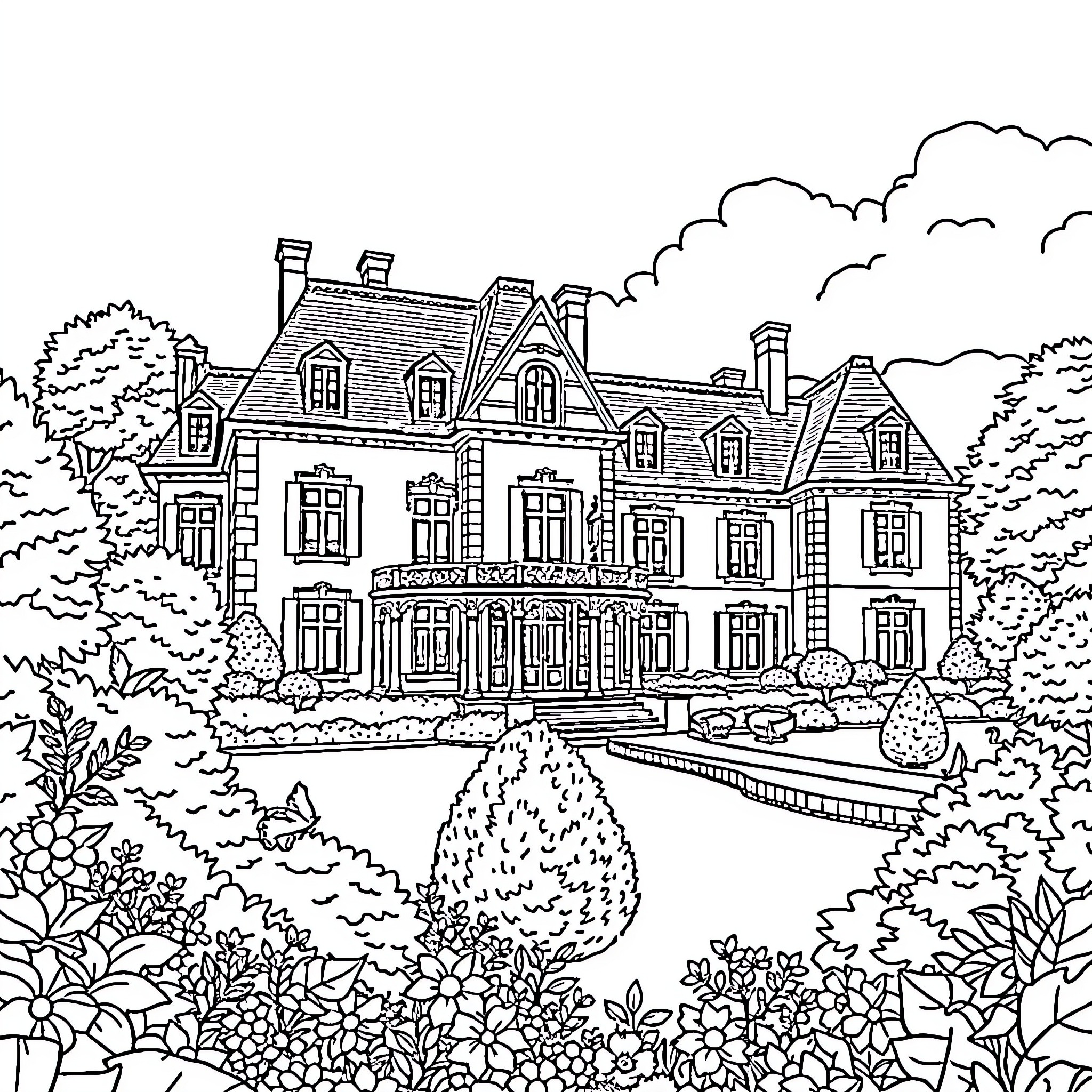 House with detailed architectural features in lush garden Coloring Page (free black-and-white line drawing printable PDF for all, from beginners to advanced learners, including children, teens, adults, and seniors)