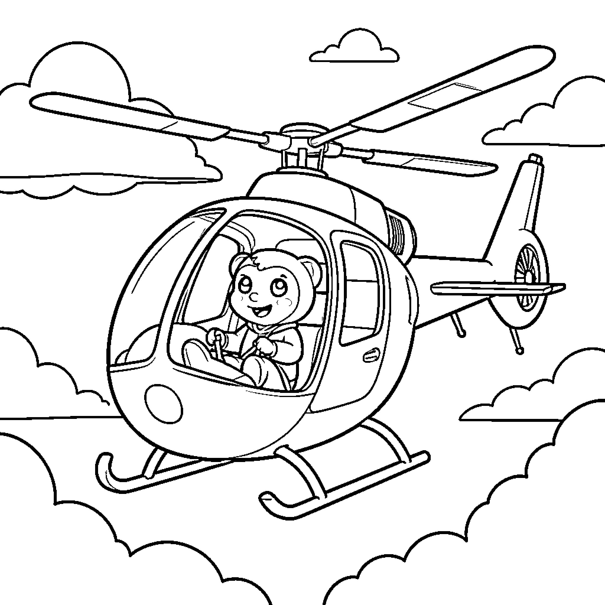 Tchoupi flying a helicopter through the clouds Coloring Page (free black-and-white line drawing printable PDF for all, from beginners to advanced learners, including children, teens, adults, and seniors)